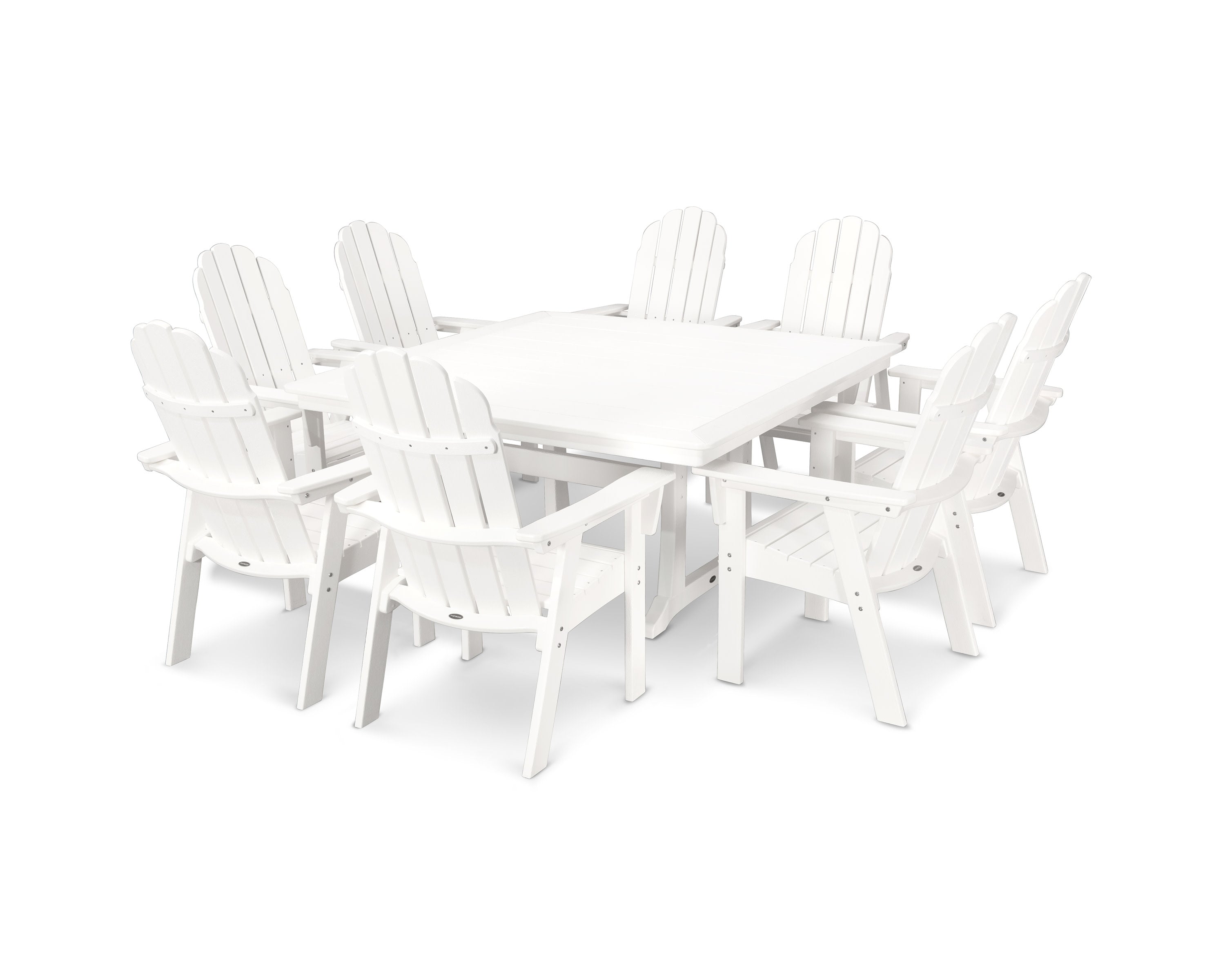 Vineyard Curveback Adirondack 9-Piece Nautical Trestle Dining Set in White