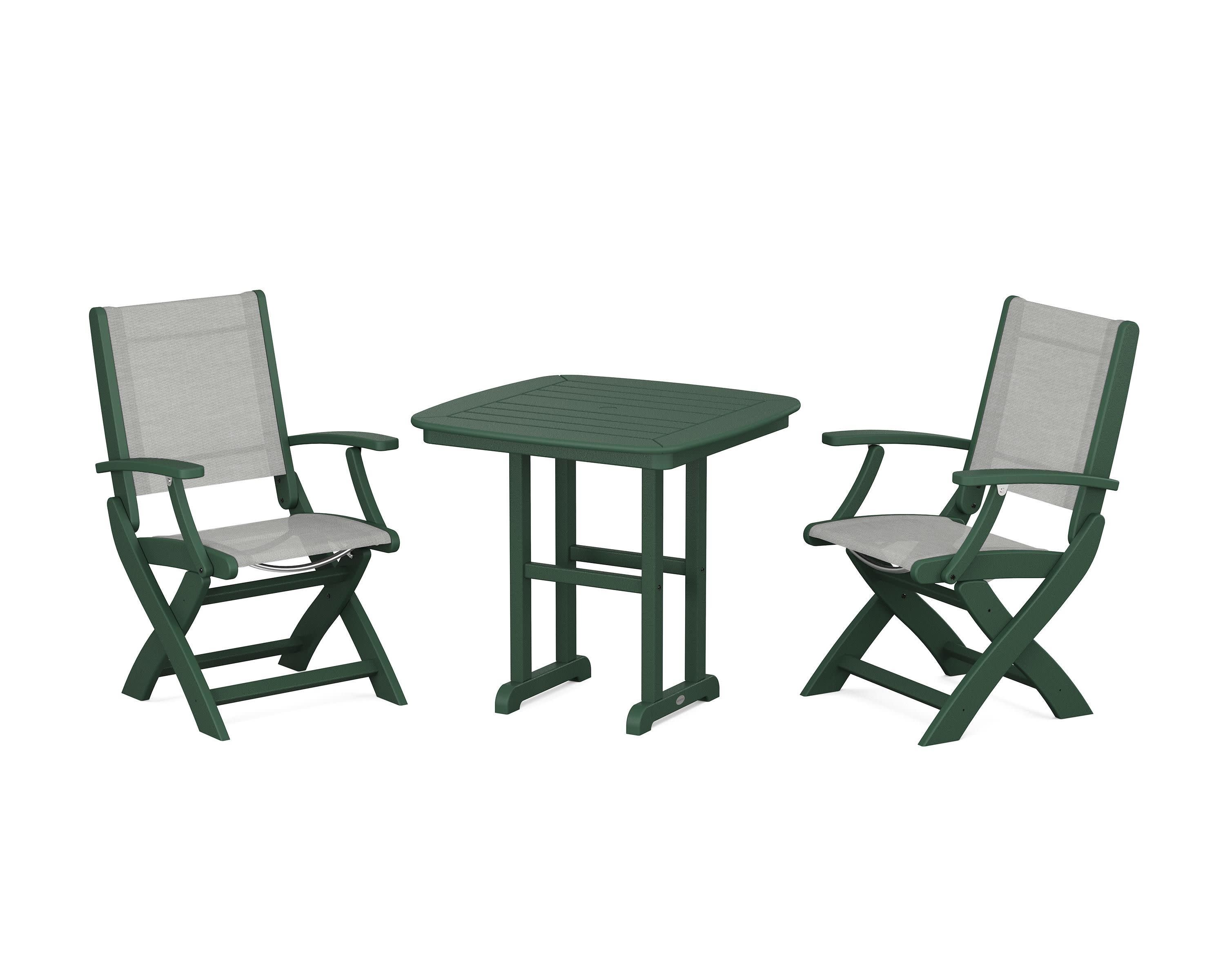 Coastal Folding Chair 3-Piece Dining Set in Green / Metallic Sling