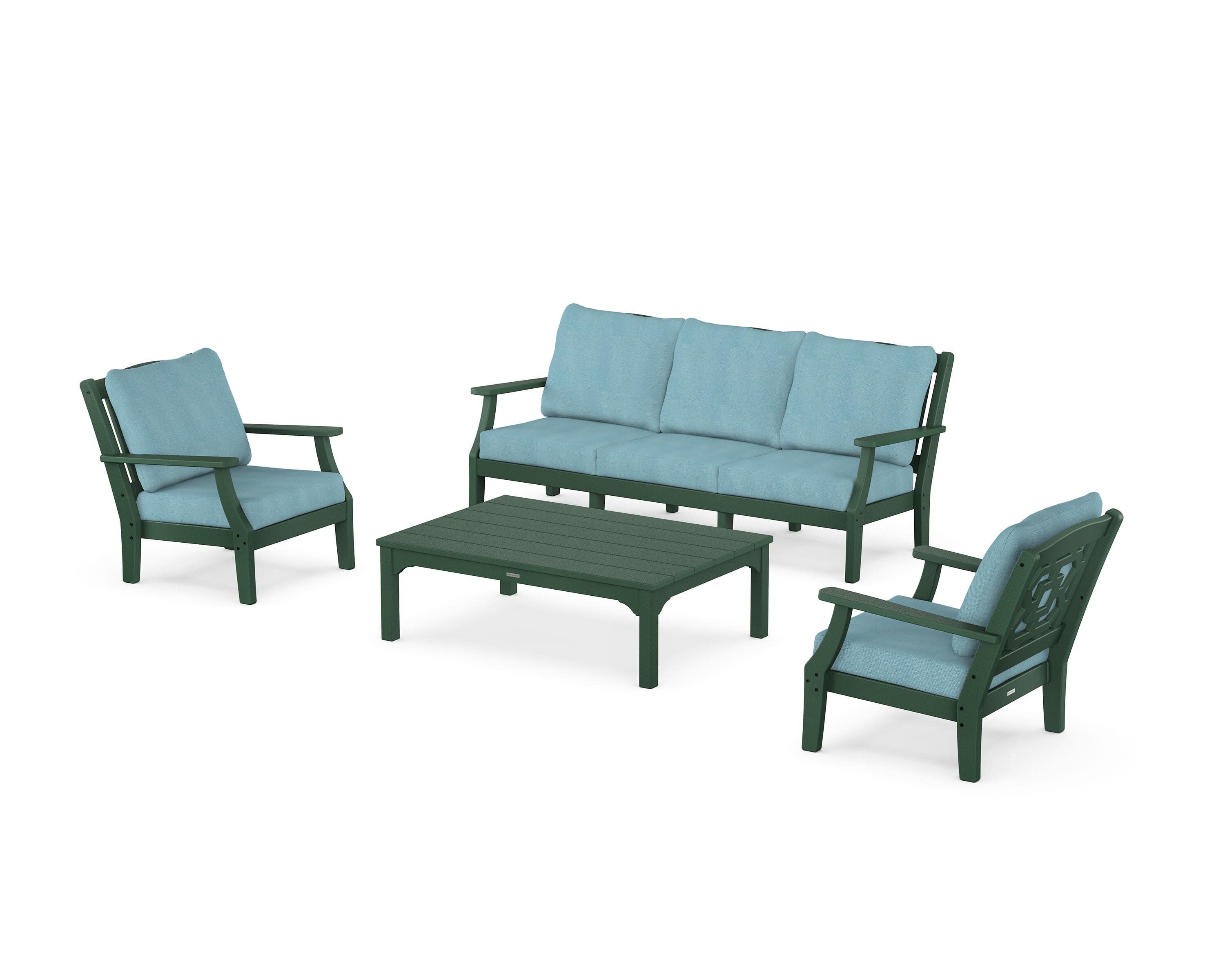 Chinoiserie 4-Piece Deep Seating Set with Sofa in Green / Lattice Sky Blue