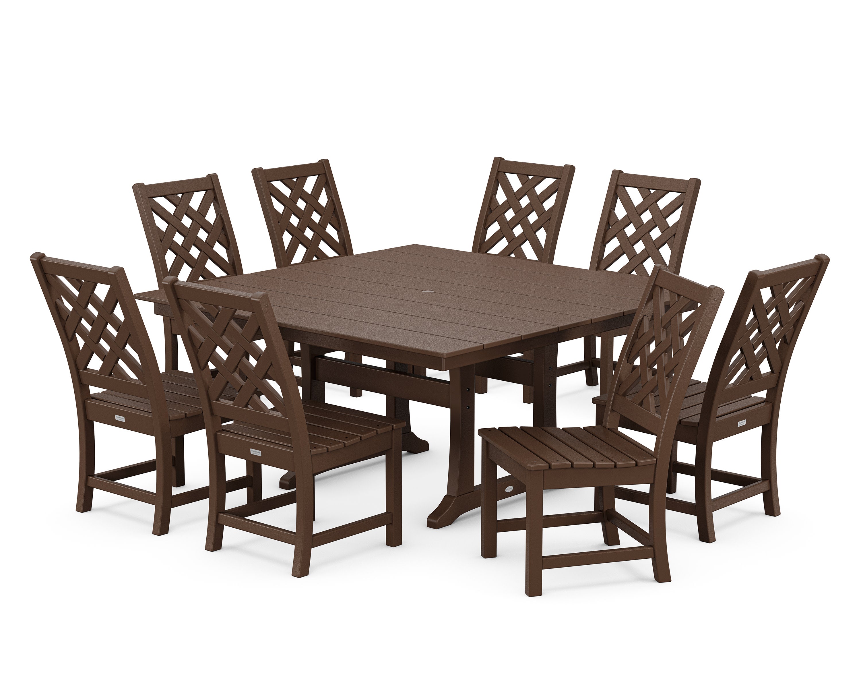 Wovendale Side Chair 9-Piece Square Farmhouse Dining Set with Trestle Legs in Mahogany