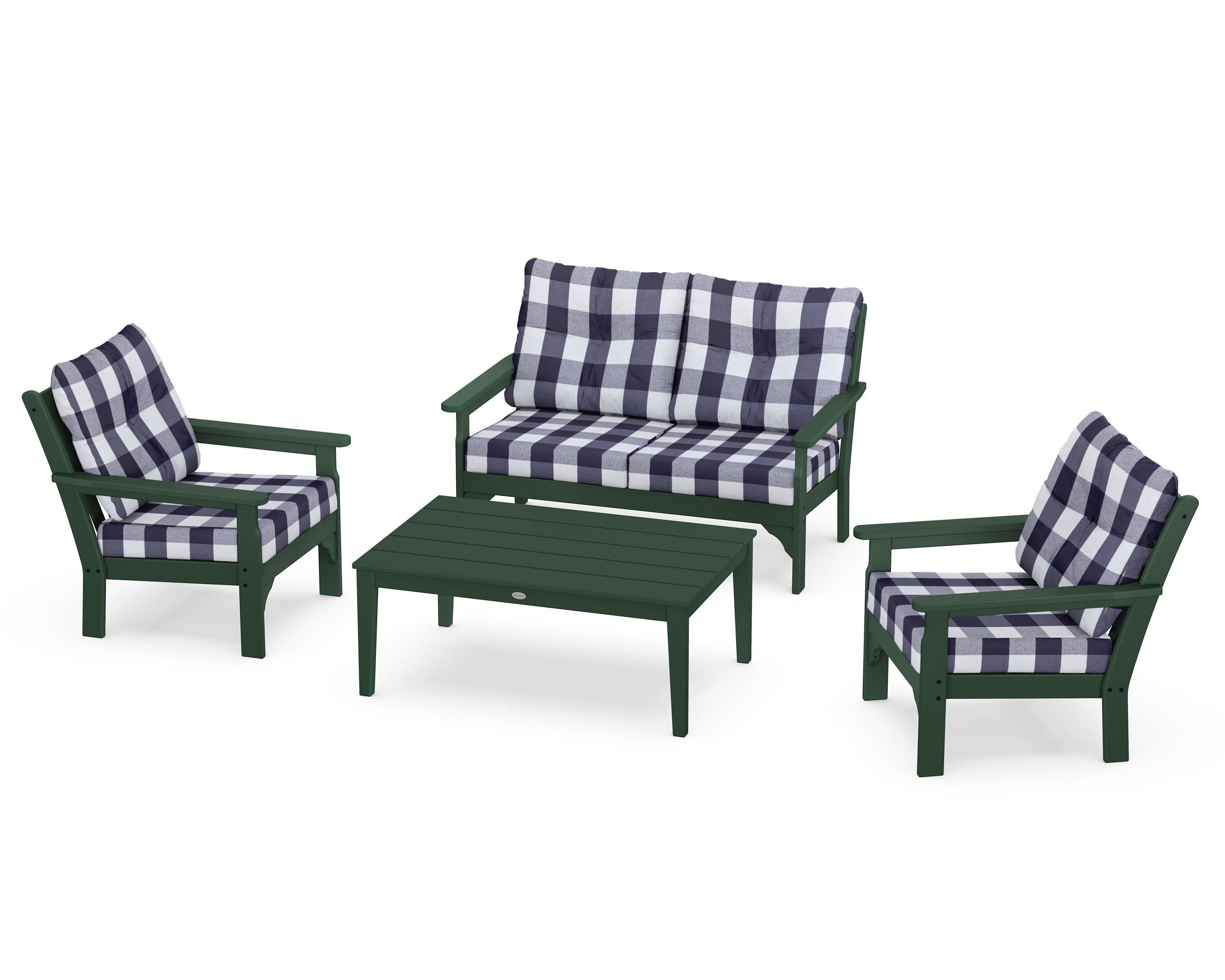 Vineyard 4-Piece Deep Seating Set in Green / Buffalo Plaid Navy