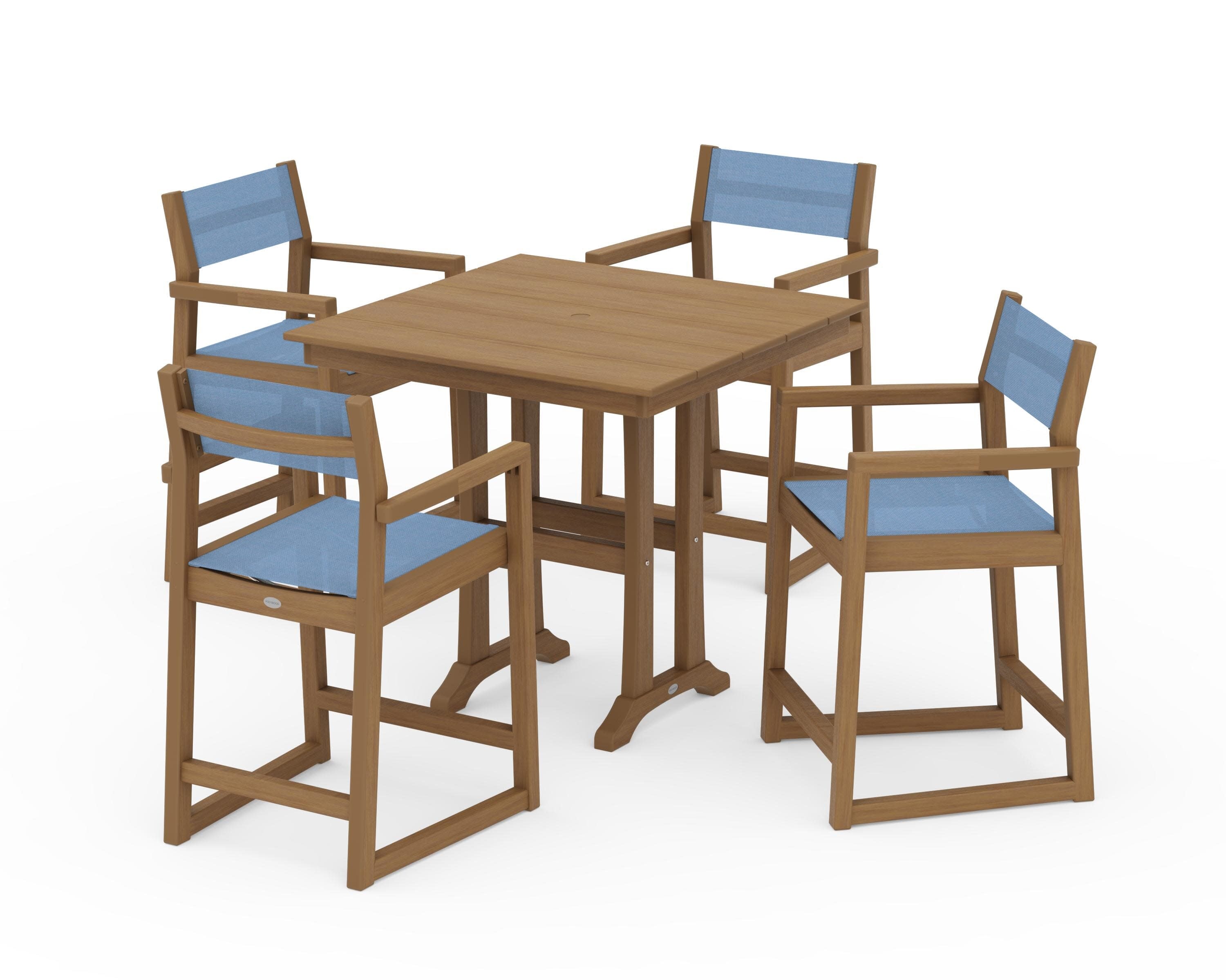 EDGE Sling Arm Chair 5-Piece Farmhouse Counter Set with Trestle Legs in Natural / Poolside Sling