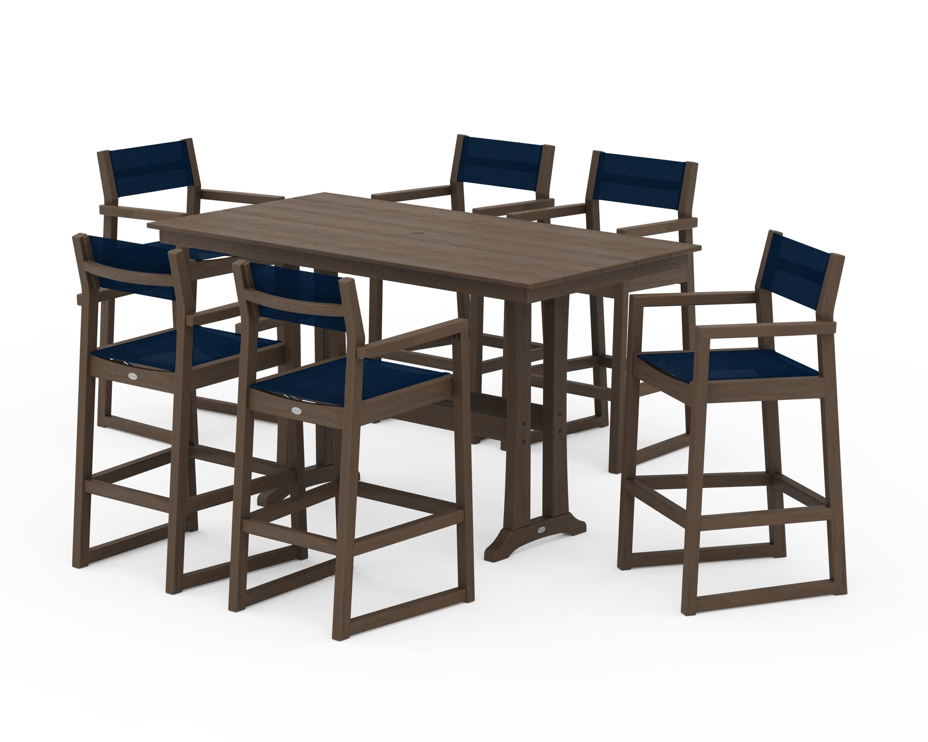 EDGE Sling Arm Chair 7-Piece Farmhouse Bar Set with Trestle Legs in Kona / Navy Blue Sling