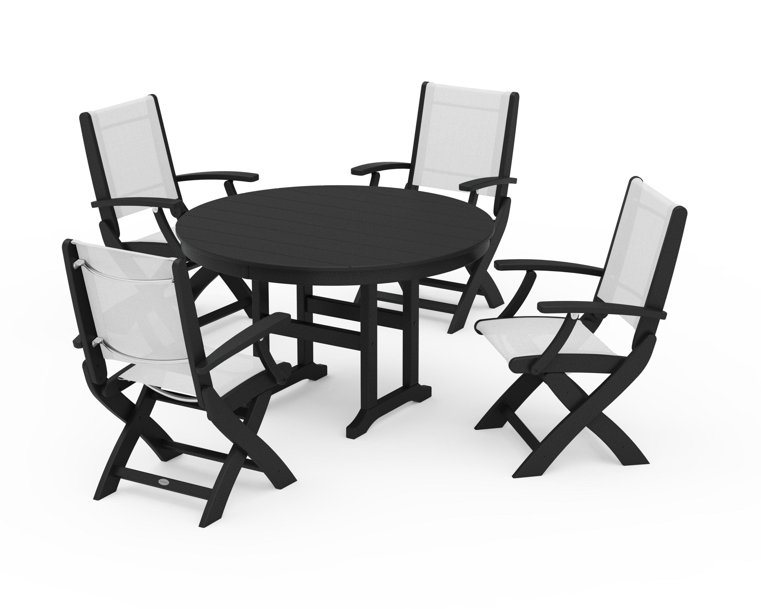 Coastal Folding Chair 5-Piece Round Dining Set in Black / White Sling