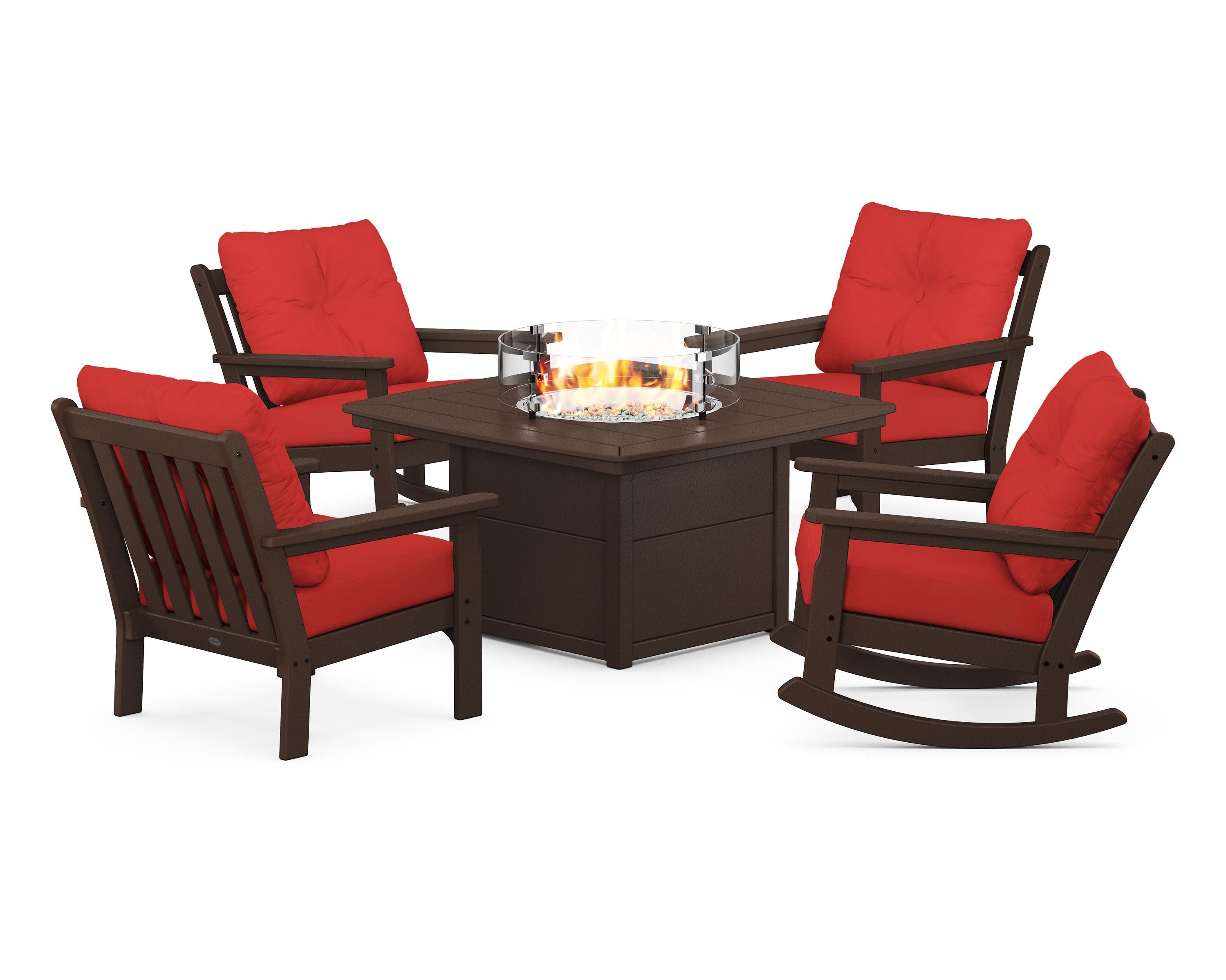 Vineyard 5-Piece Deep Seating Rocking Chair Conversation Set with Fire Pit Table in Mahogany / Crimson Linen