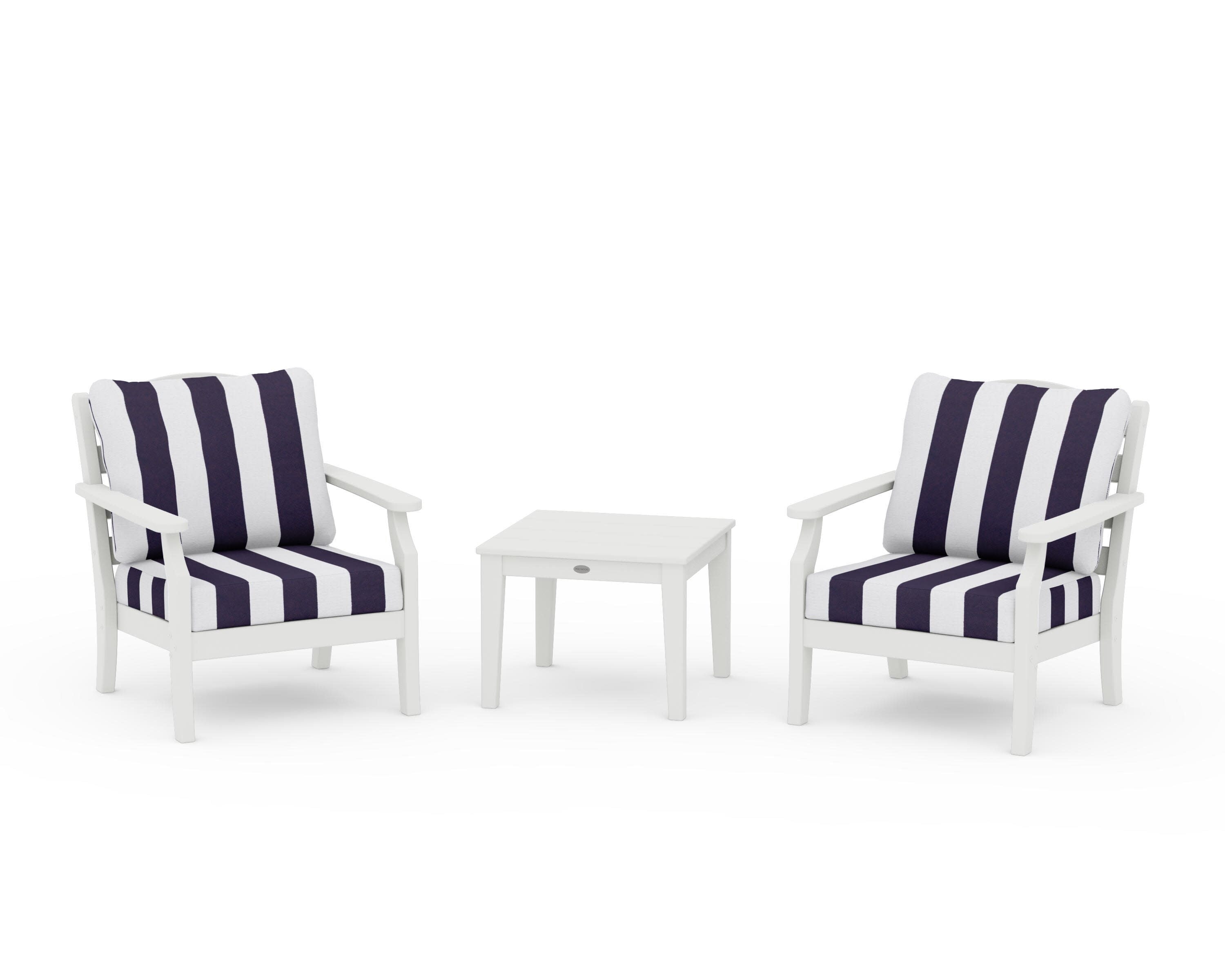 Savannah 3-Piece Deep Seating Set in Vintage White / Cabana Stripe Navy