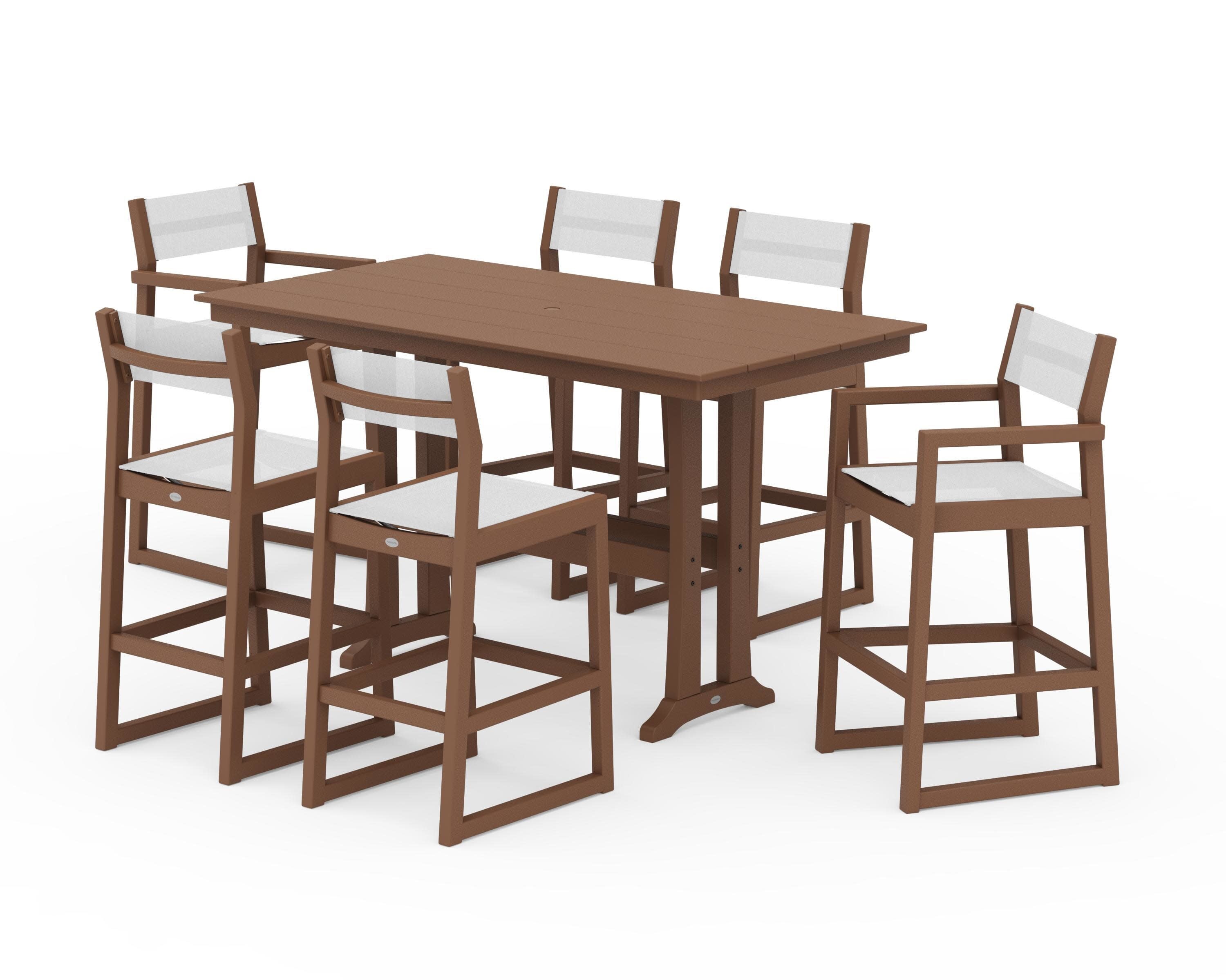 EDGE Sling 7-Piece Farmhouse Bar Set with Trestle Legs in Teak / White Sling