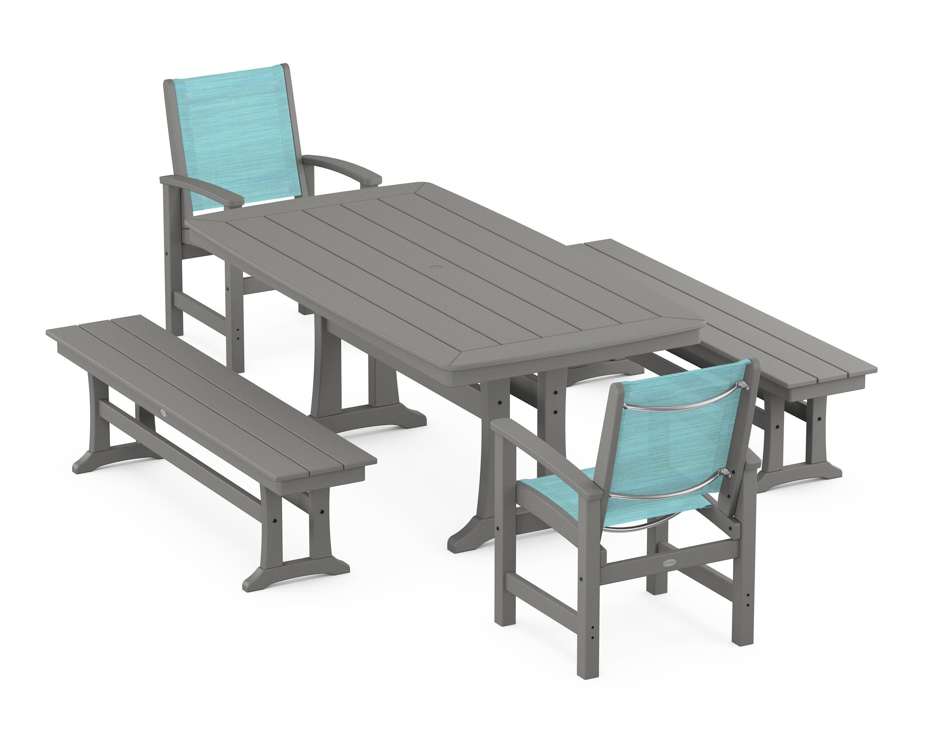Coastal 5-Piece Dining Set with Trestle Legs and Benches in Slate Grey / Dupioni Aquamarine Sling