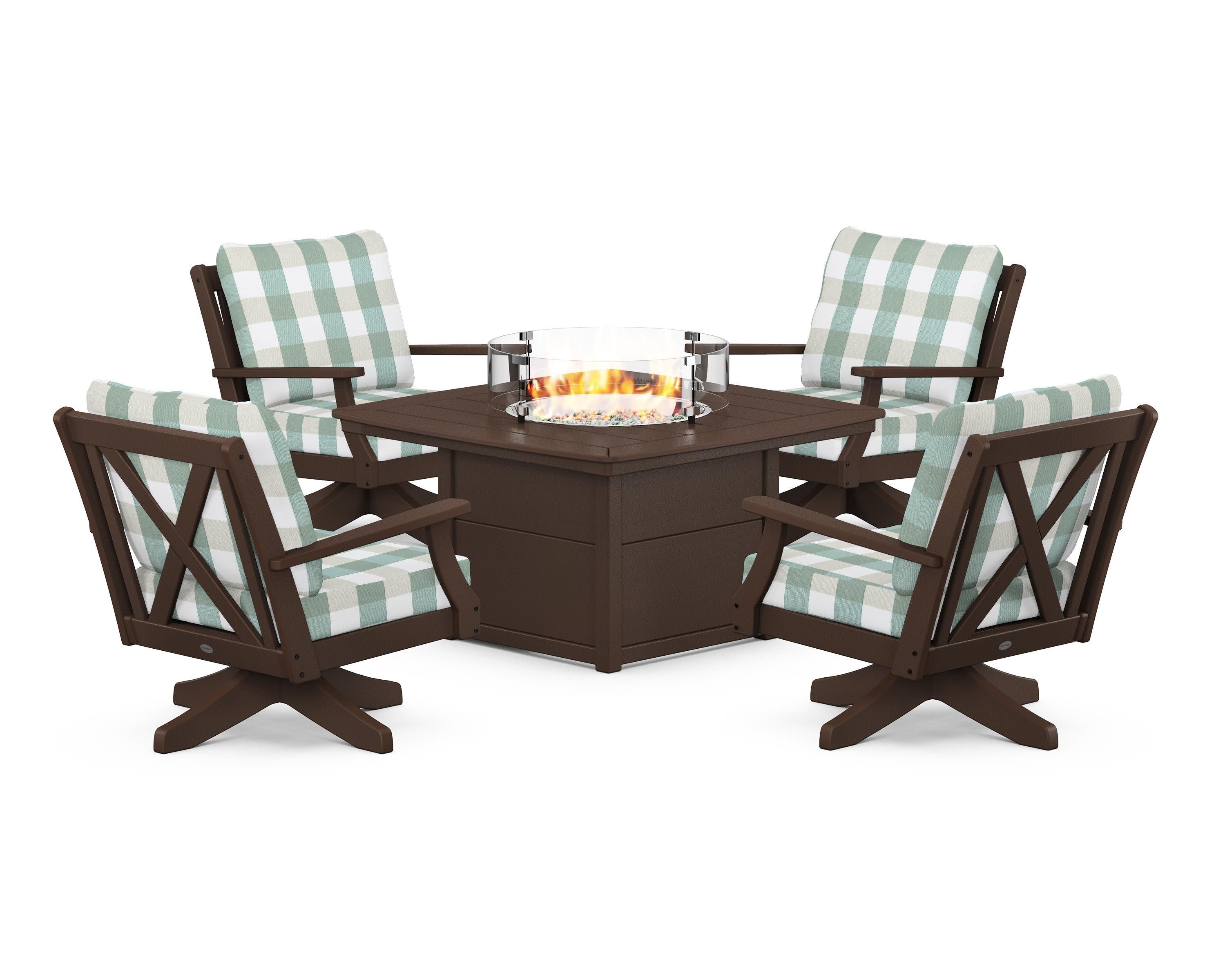 Braxton 5-Piece Deep Seating Swivel Conversation Set with Fire Pit Table in Mahogany / Buffalo Plaid Glacier Spa