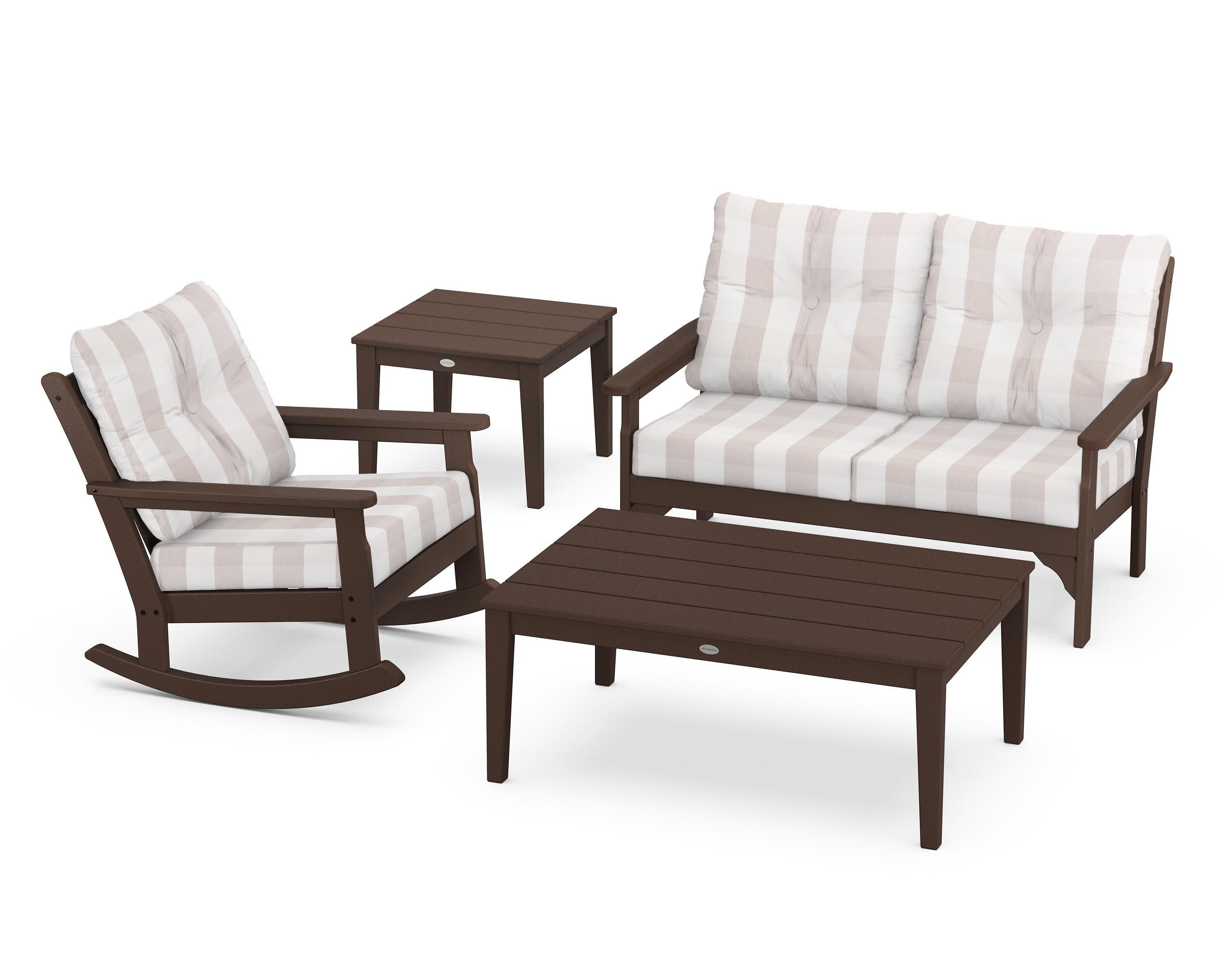 Vineyard 4-Piece Deep Seating Rocker Set in Mahogany / Buffalo Plaid Dune Burlap