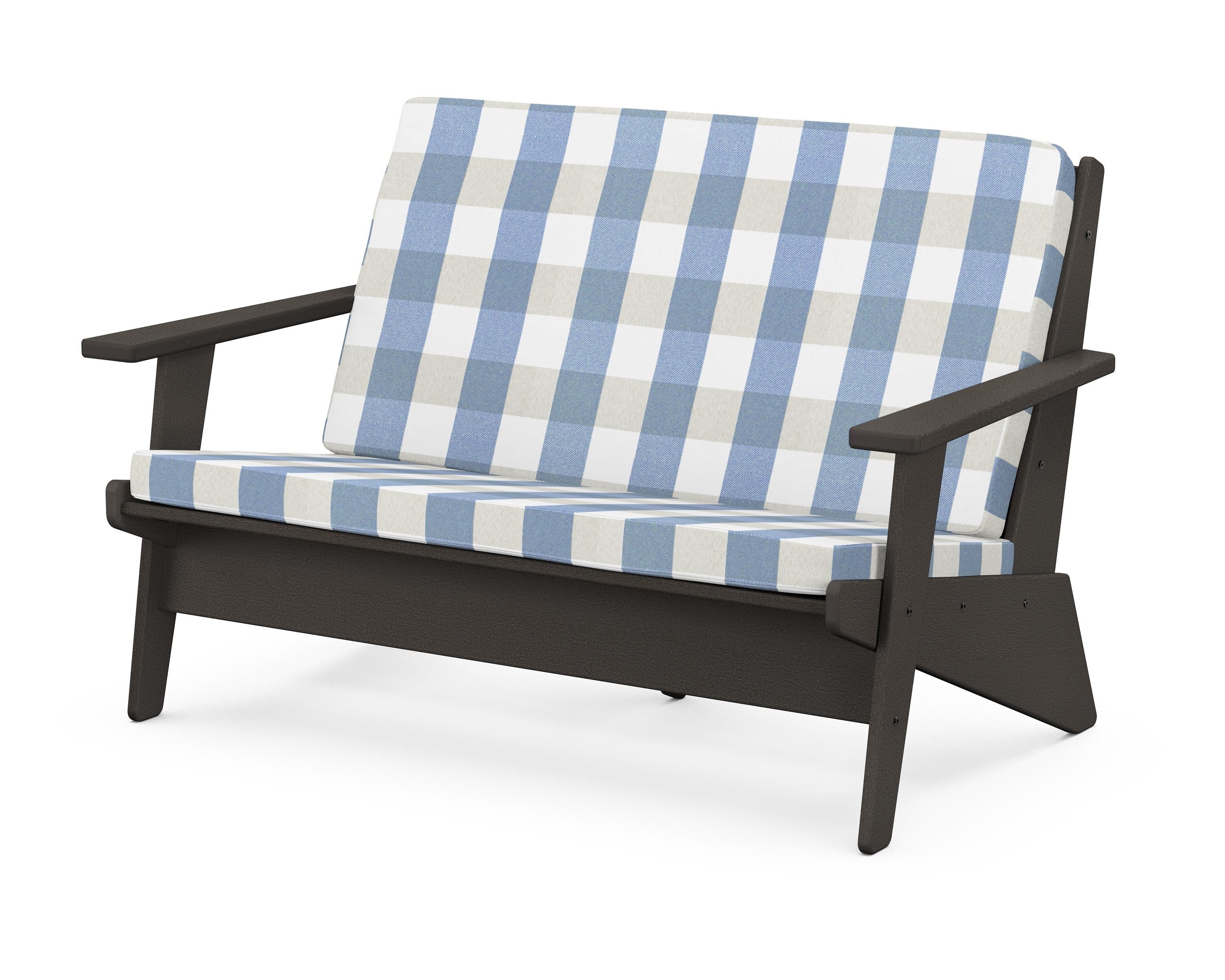 Riviera Modern Lounge Loveseat in Vintage Coffee / Buffalo Plaid Sky Blue