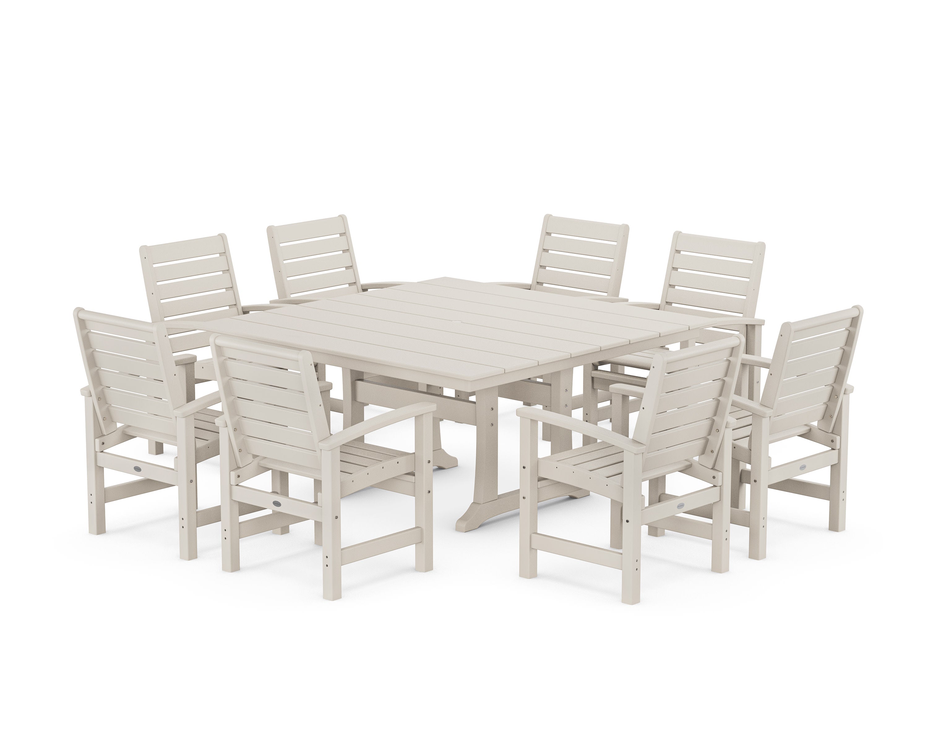Signature 9-Piece Square Farmhouse Dining Set with Trestle Legs in Sand