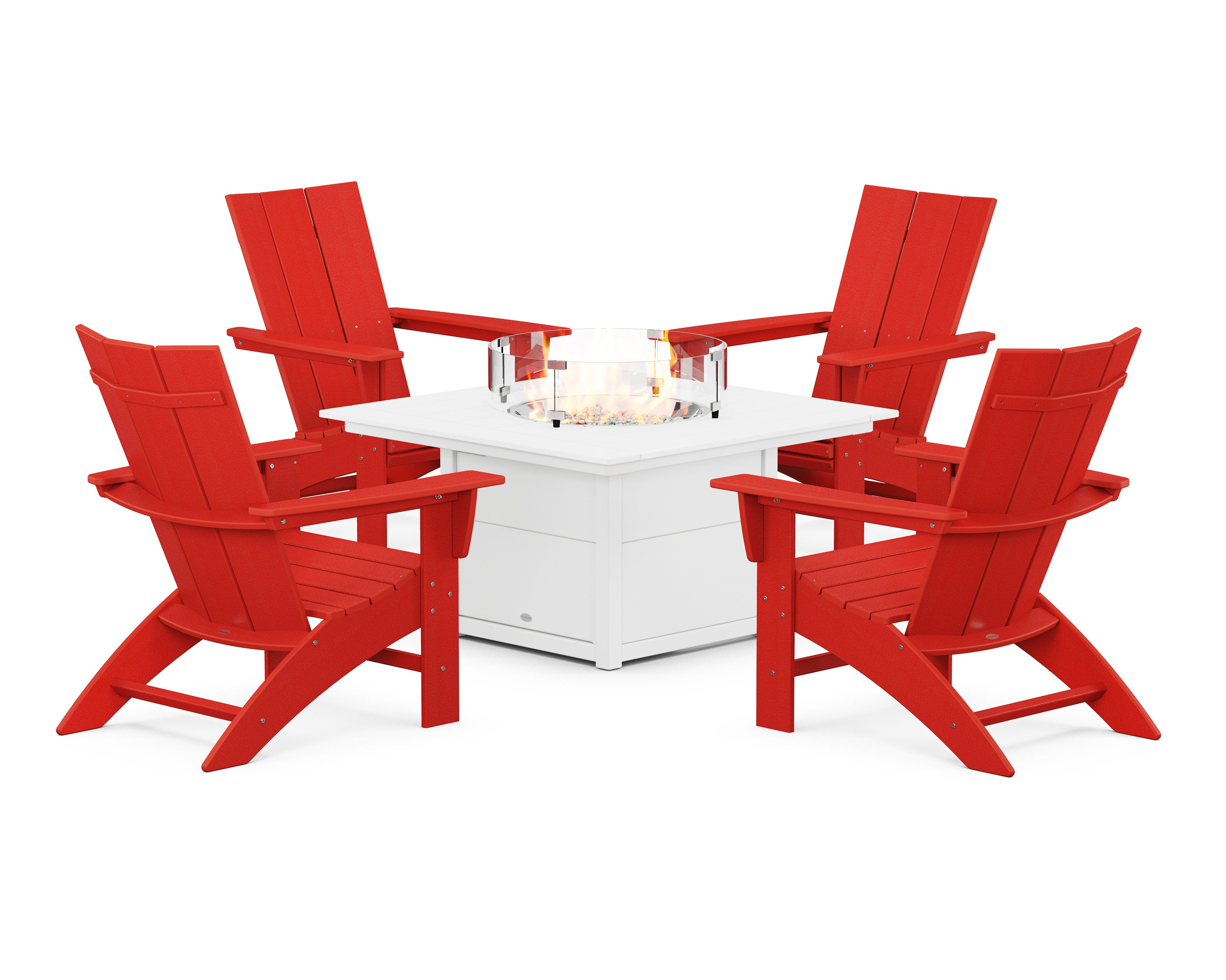 Modern Curveback Adirondack 5-Piece Conversation Set with Fire Pit Table in Sunset Red / White