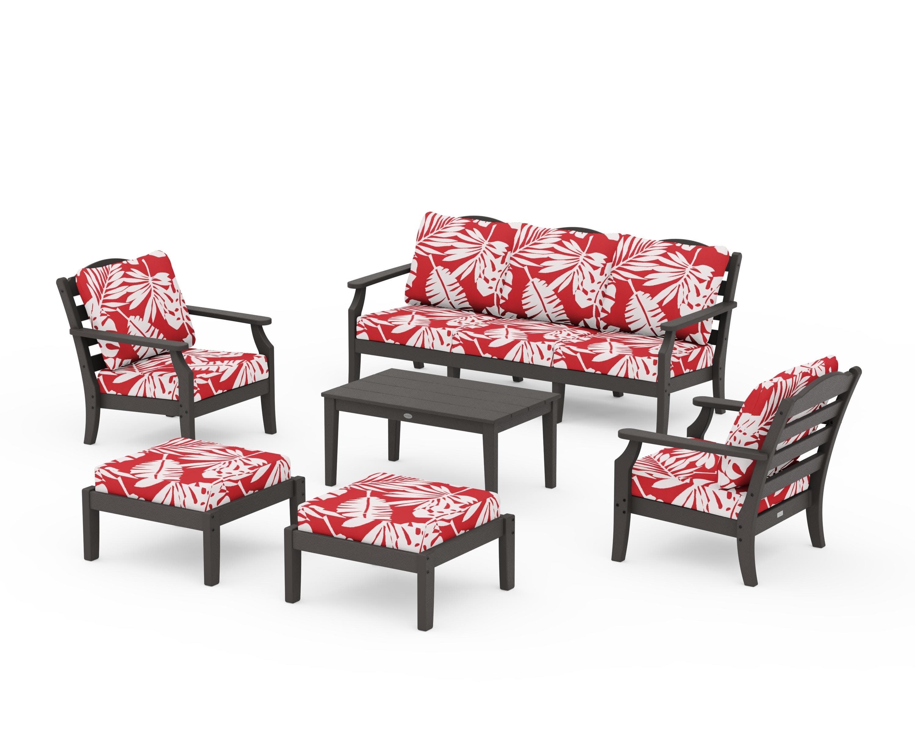 Savannah 6-Piece Lounge Sofa Set in Vintage Coffee / Leaf Crimson