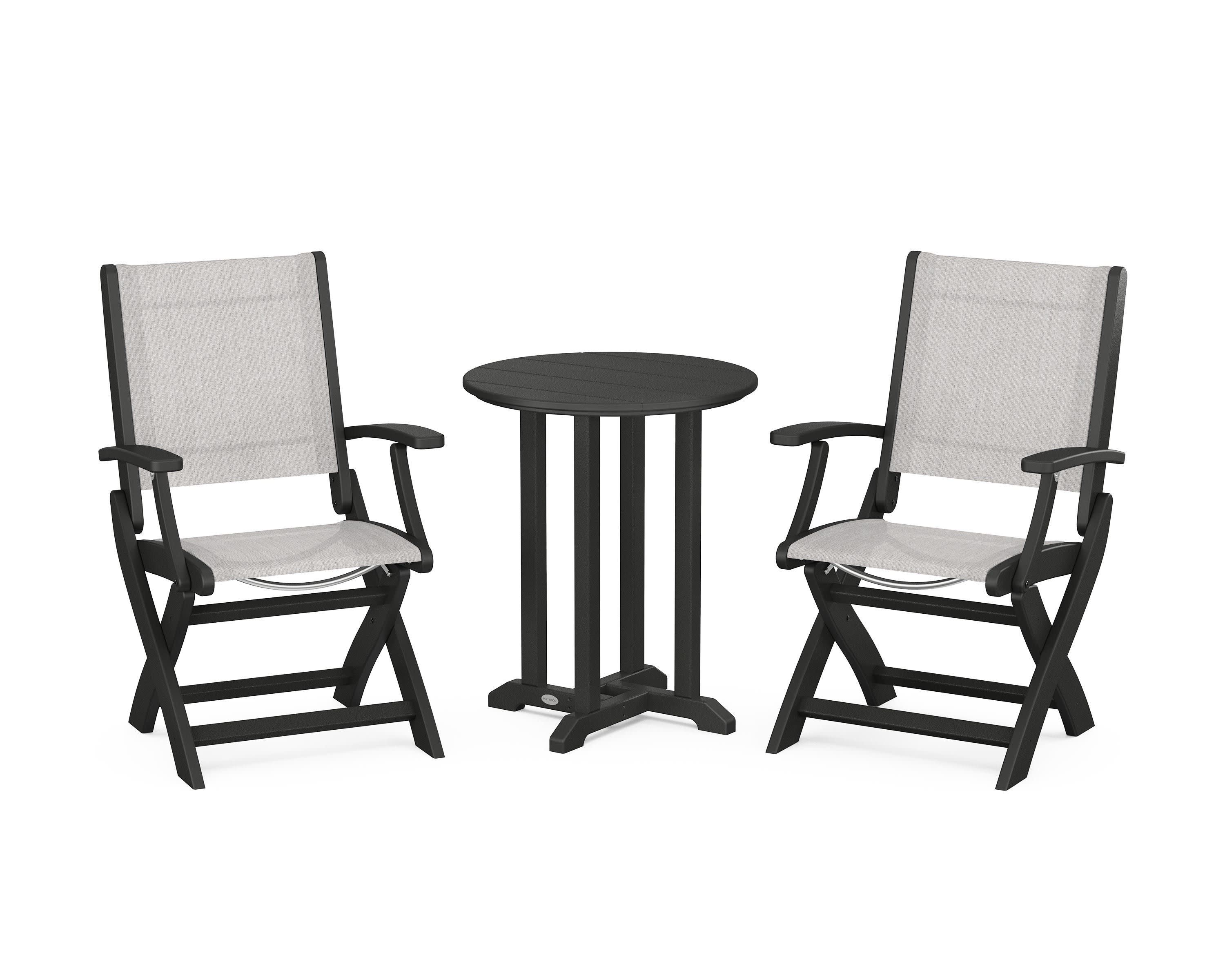 Coastal Folding 3-Piece Round Bistro Dining Set in Black / Parchment Sling