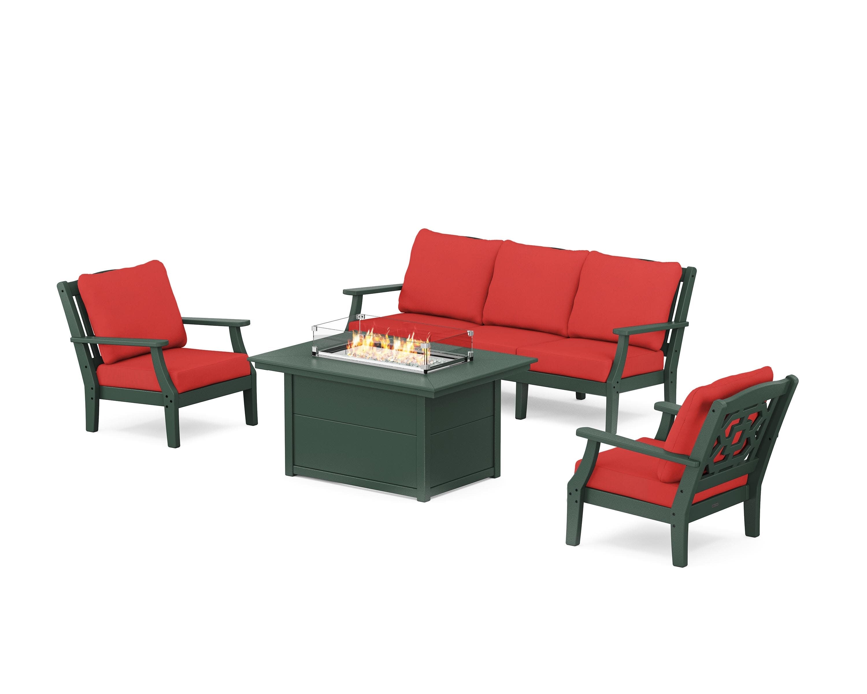 Chinoiserie Deep Seating Fire Pit Table Set in Green / Crimson Linen