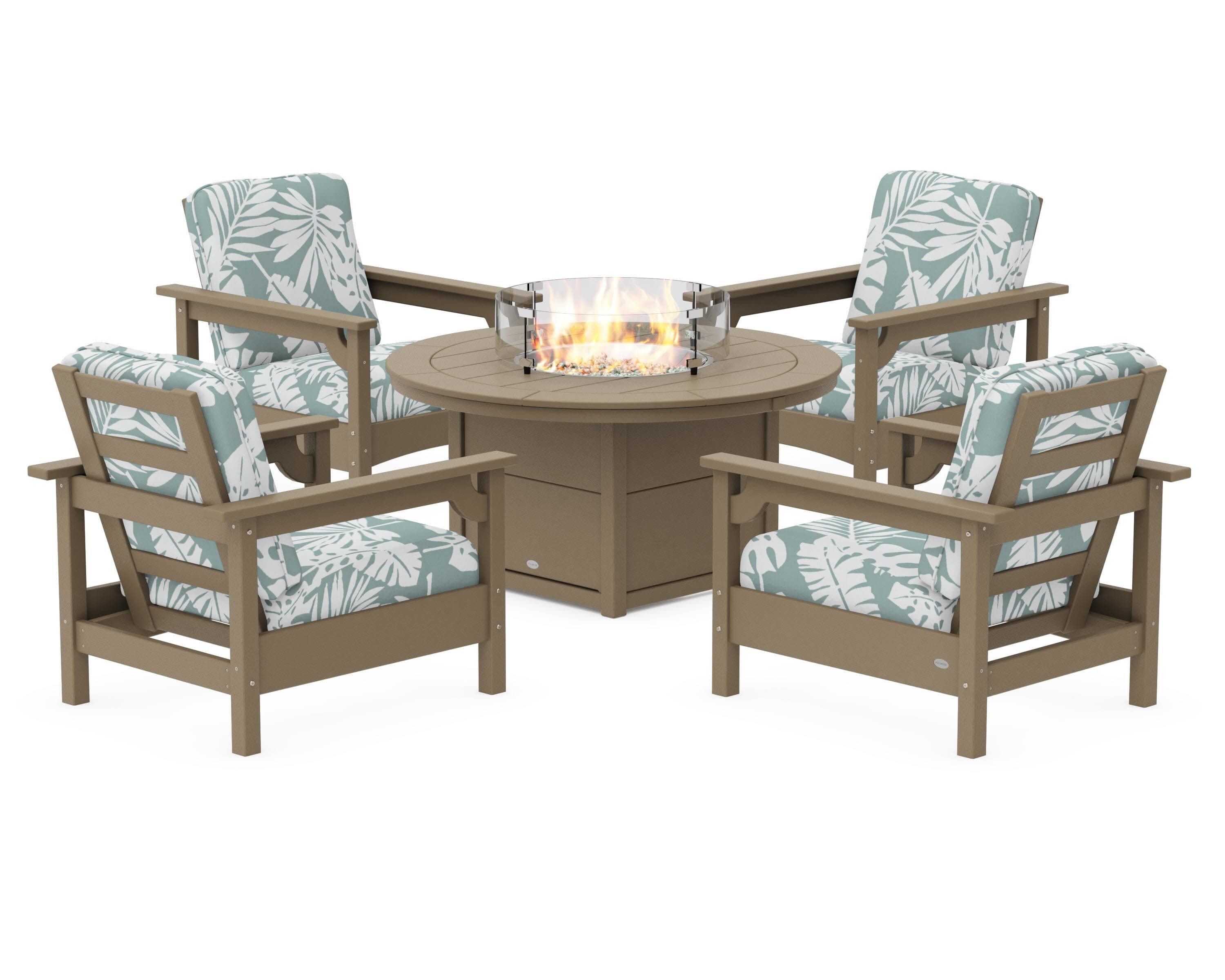 Club 5-Piece Conversation Set with Fire Pit Table in Vintage Sahara / Leaf Glacier Spa