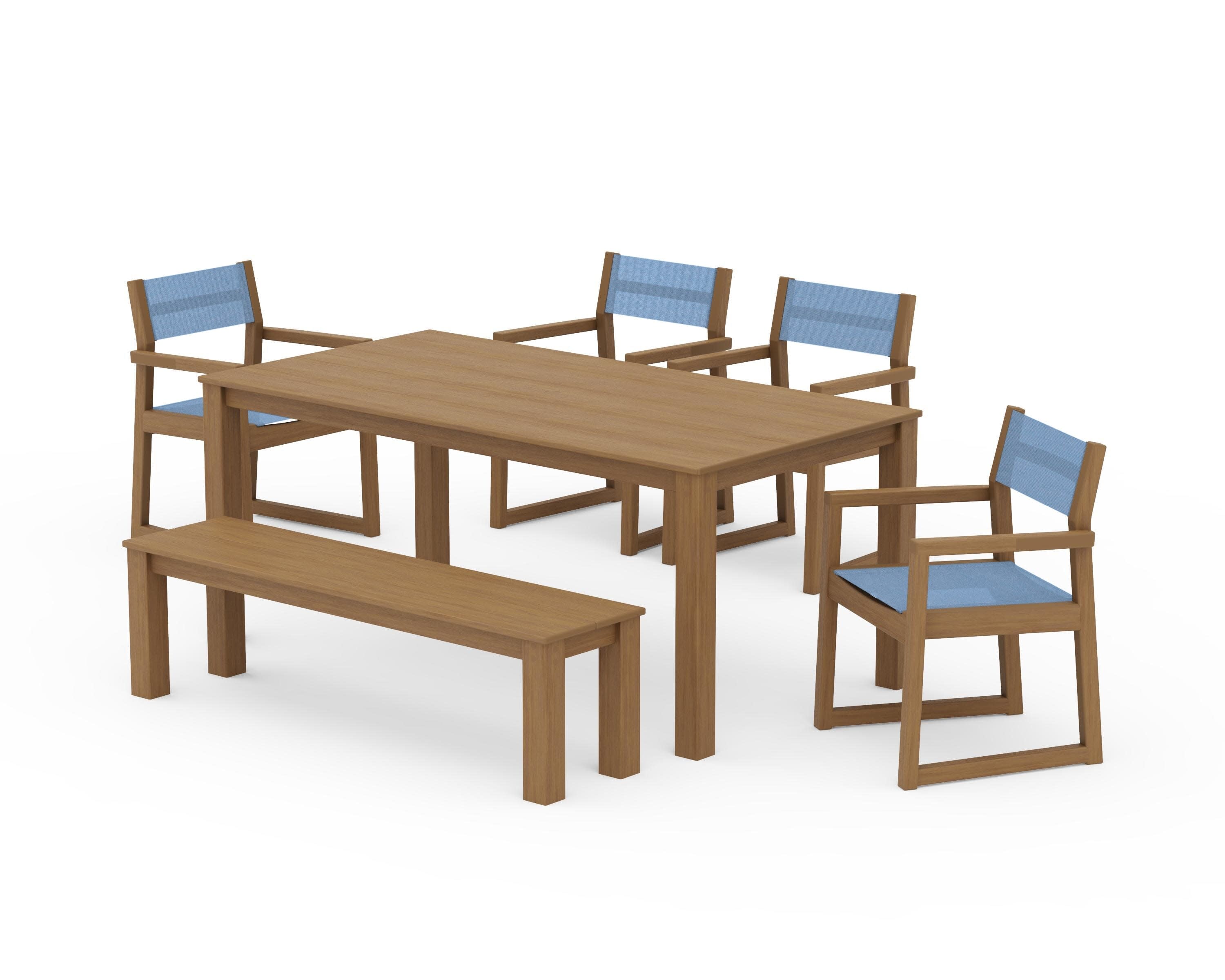 EDGE Sling Arm Chair 6-Piece Parsons Dining Set with Bench in Natural / Poolside Sling
