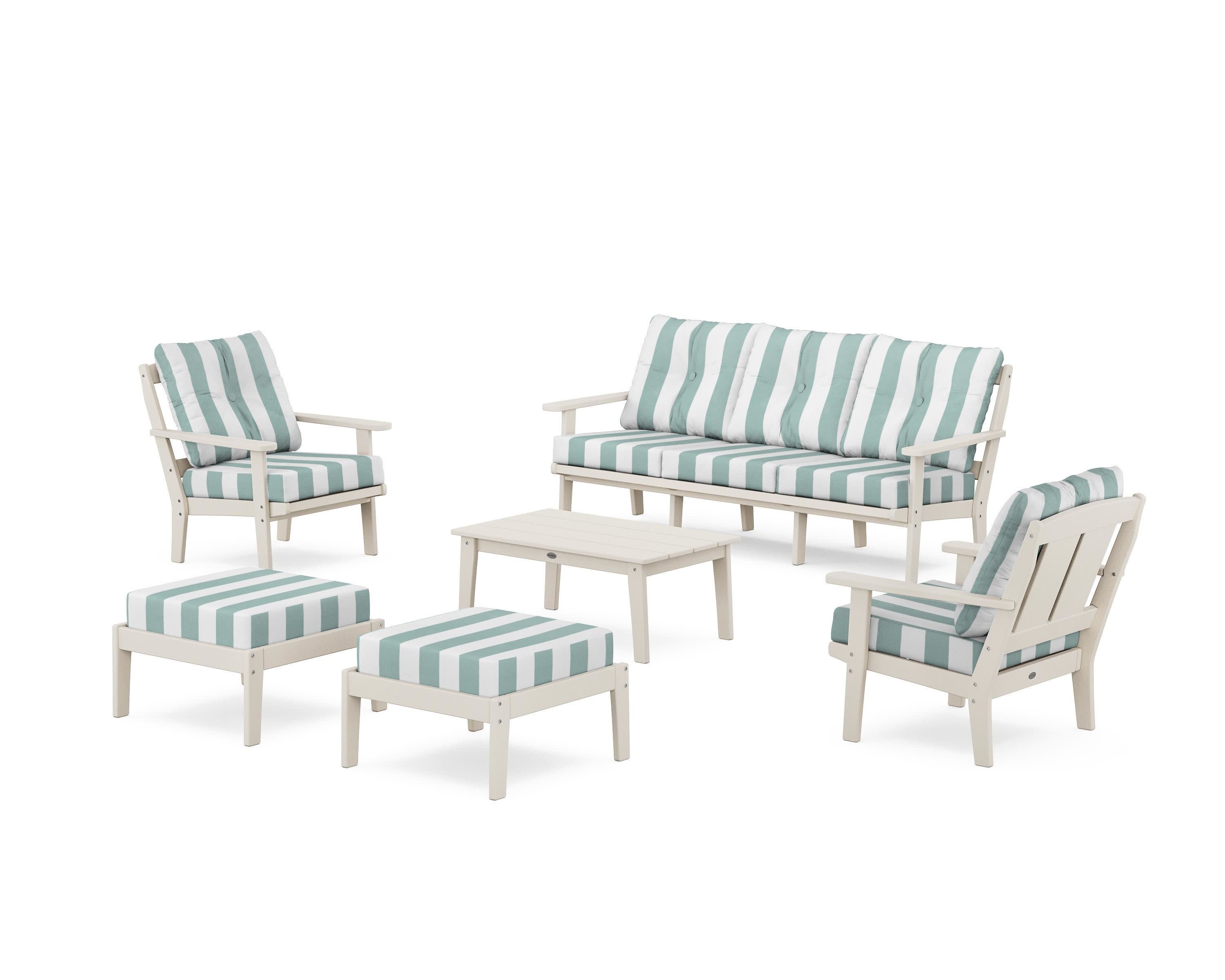 Mission 6-Piece Lounge Sofa Set in Sand / Cabana Stripe Glacier Spa