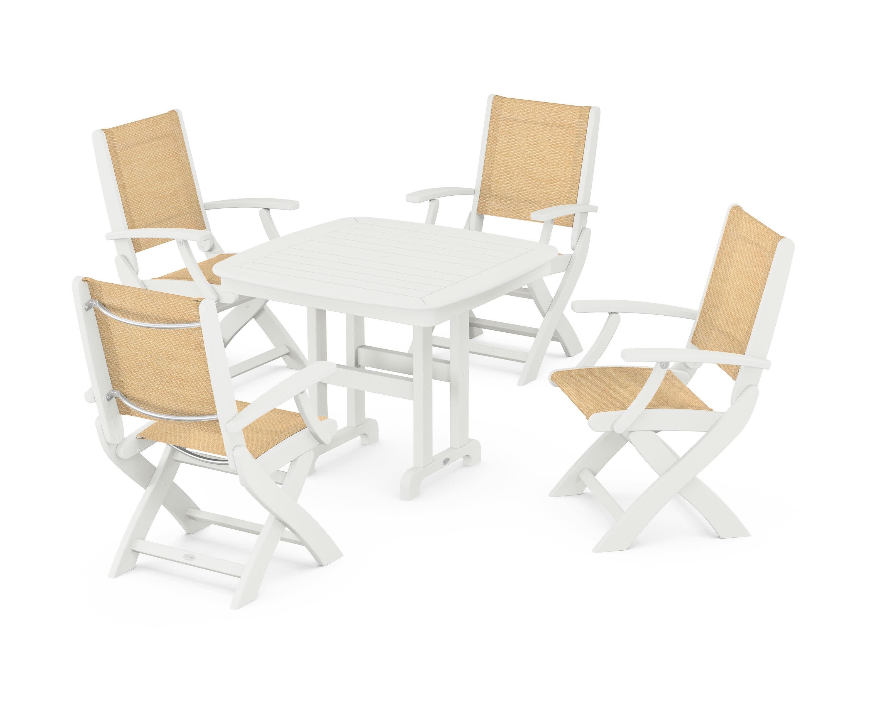 Coastal Folding Chair 5-Piece Dining Set in Vintage White / Dupioni Apricot Sling
