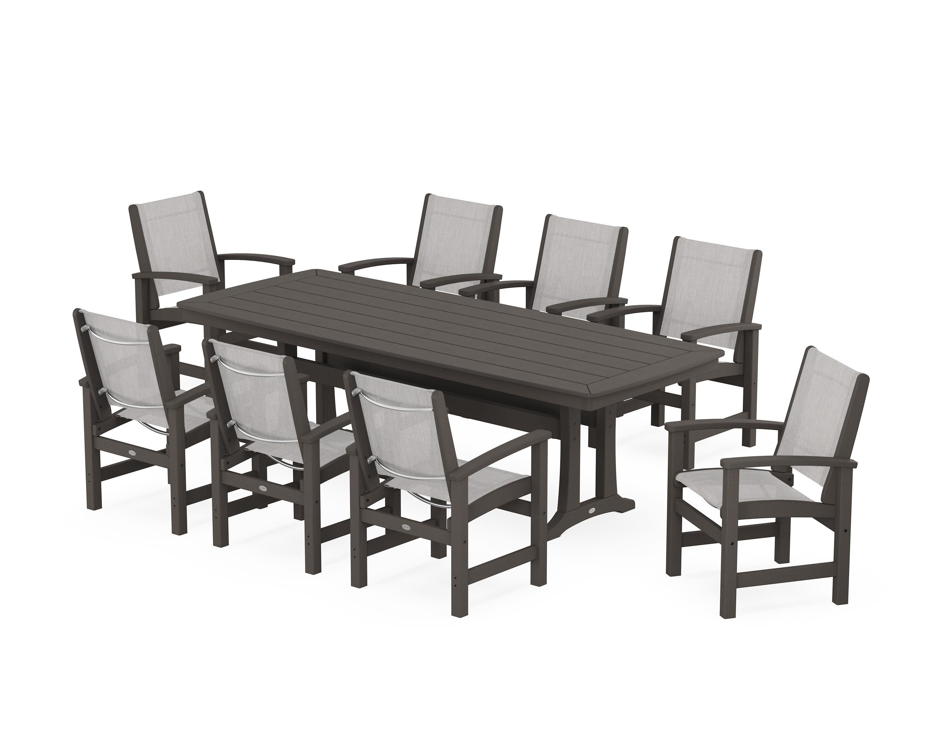 Coastal 9-Piece Dining Set with Trestle Legs in Vintage Coffee / Parchment Sling