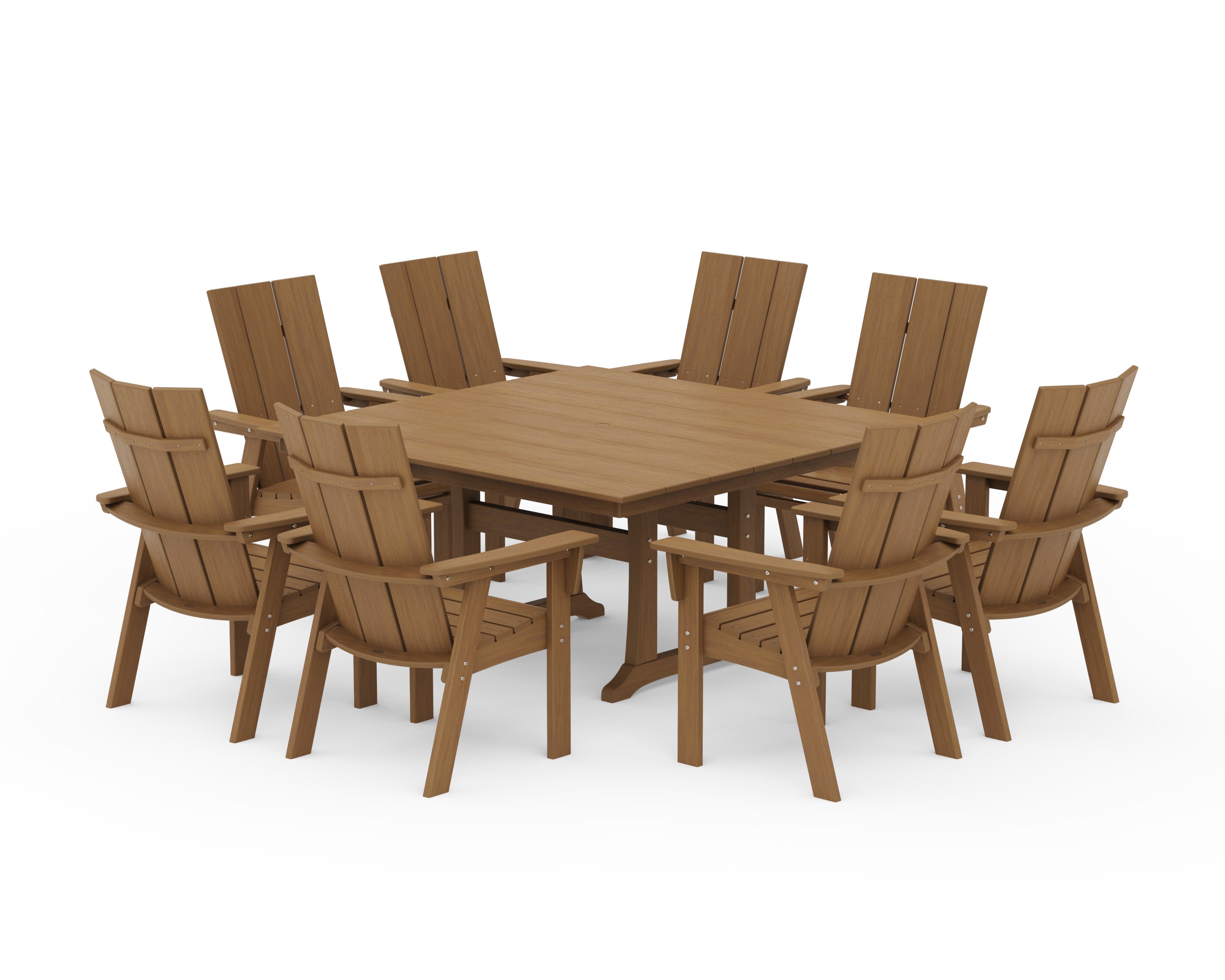 Modern Curveback Adirondack 9-Piece Farmhouse Trestle Dining Set in Natural