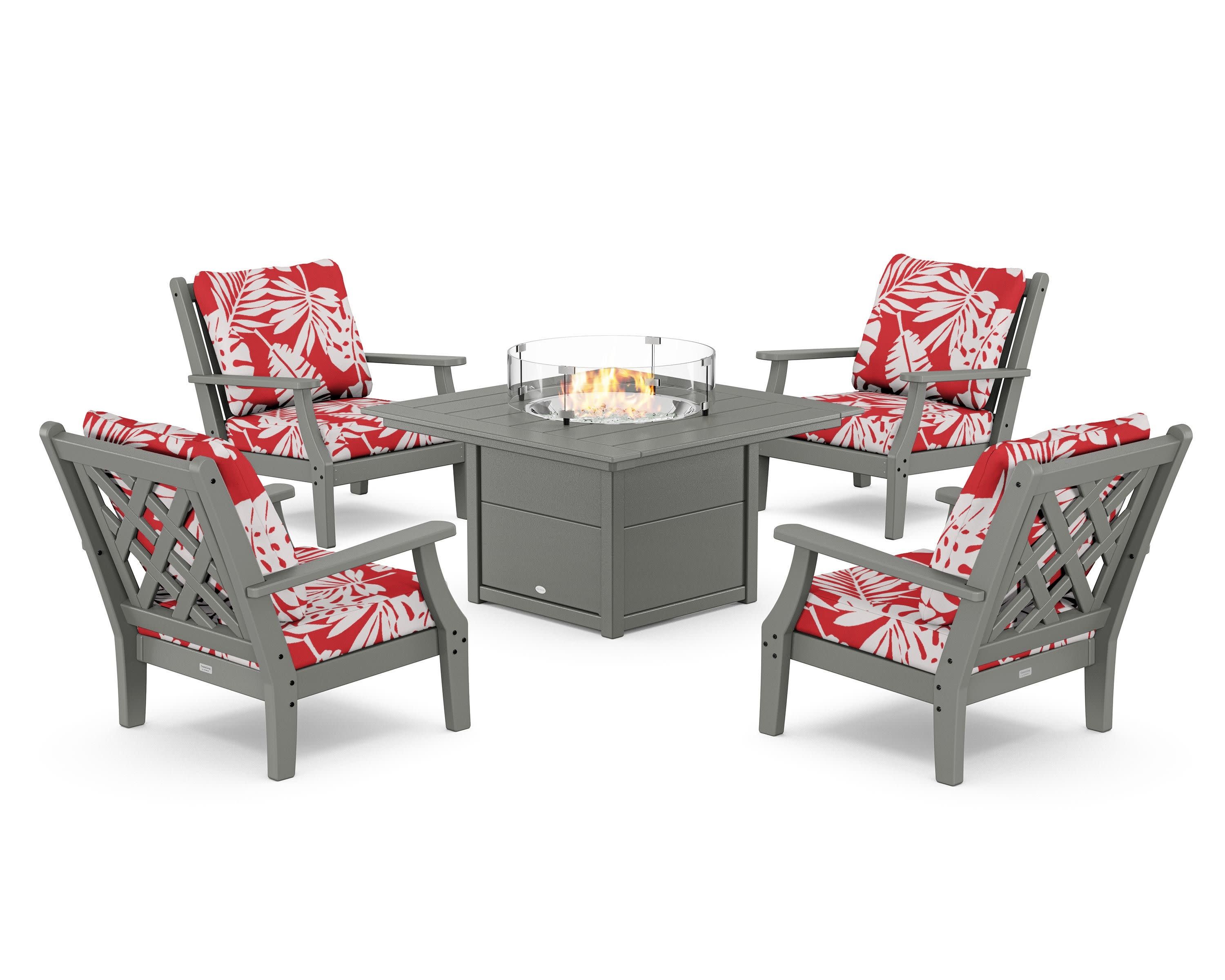 Wovendale 5-Piece Deep Seating Set with Fire Pit Table in Slate Grey / Leaf Crimson
