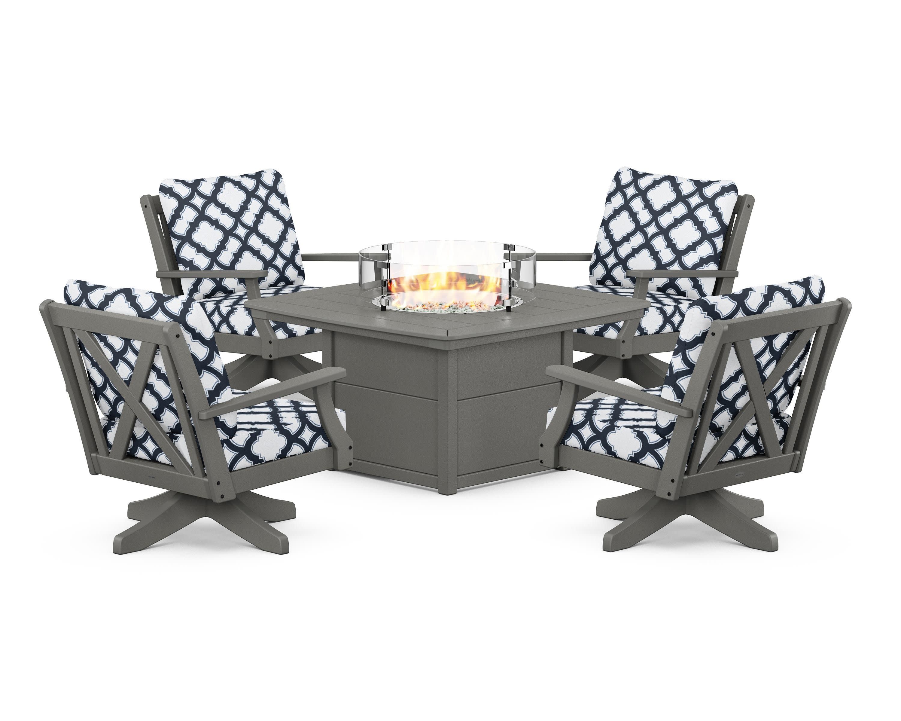 Braxton 5-Piece Deep Seating Swivel Conversation Set with Fire Pit Table in Slate Grey / Trellis Marine Indigo