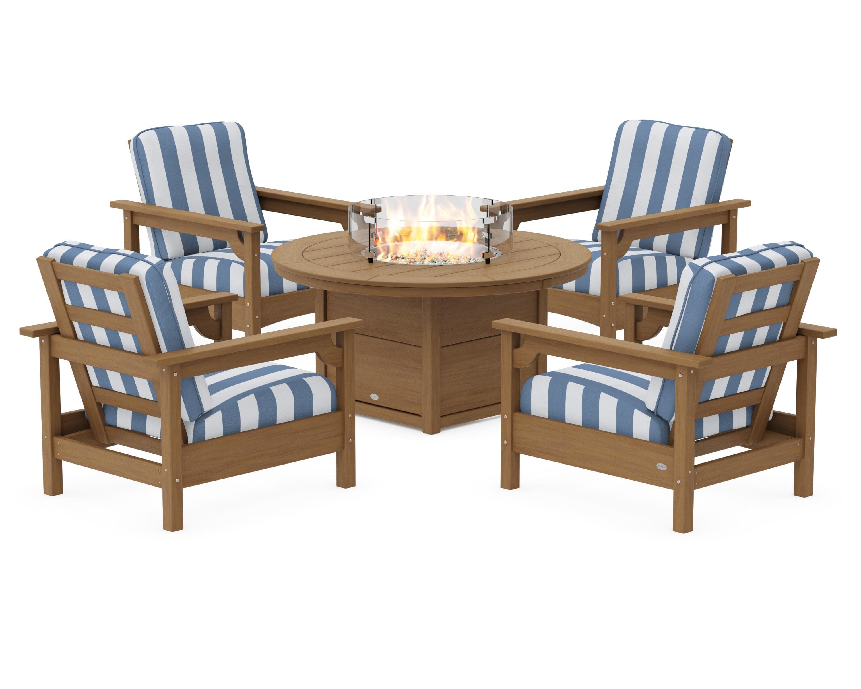 Club 5-Piece Conversation Set with Fire Pit Table in Natural / Cabana Stripe Sky Blue