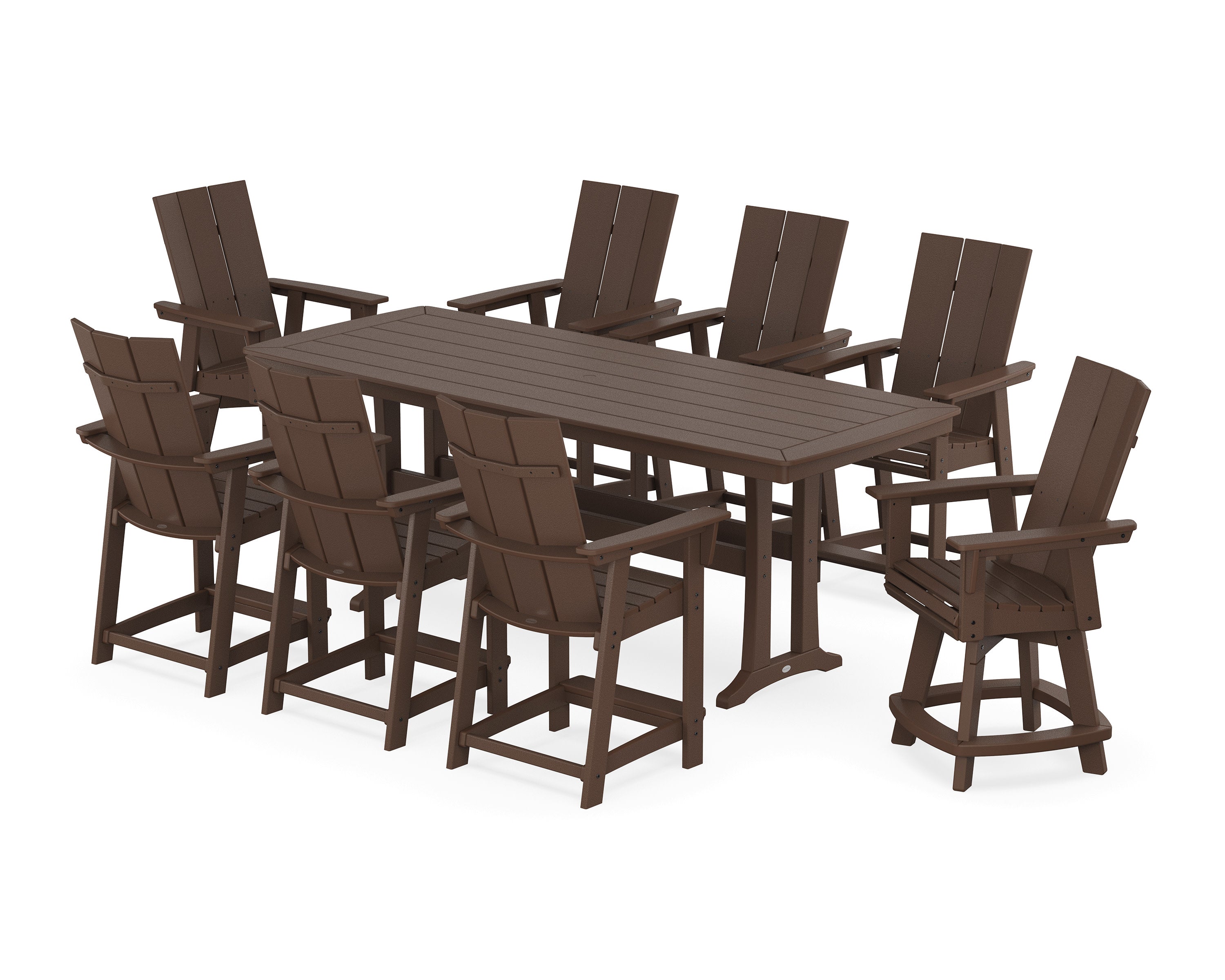 Modern Curveback Adirondack Swivel 9-Piece Counter Set with Trestle Legs in Mahogany