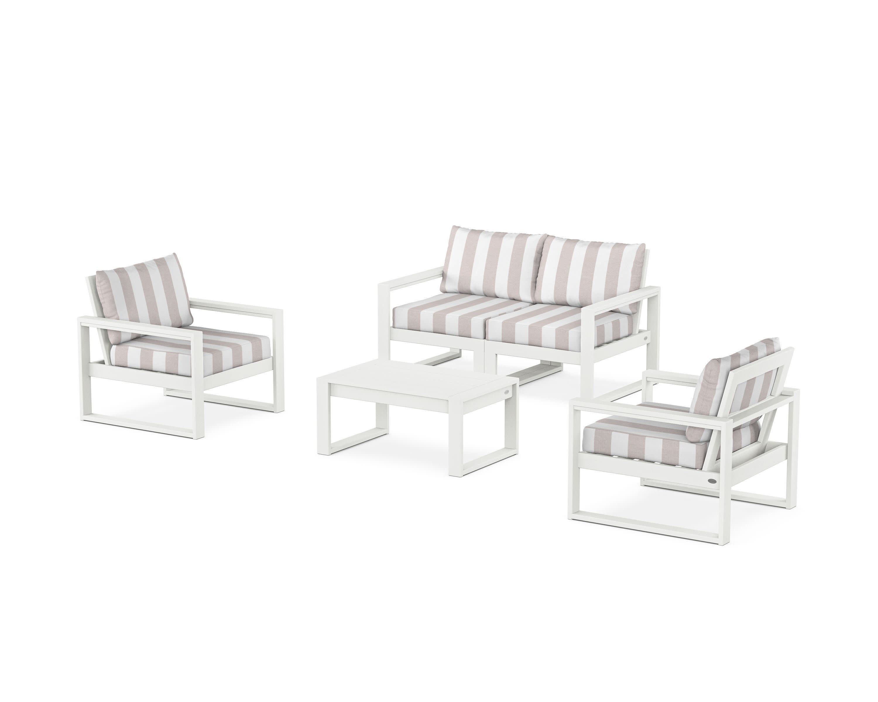EDGE Sectional 4-Piece Deep Seating Set with Loveseat in Vintage White / Cabana Stripe Dune Burlap