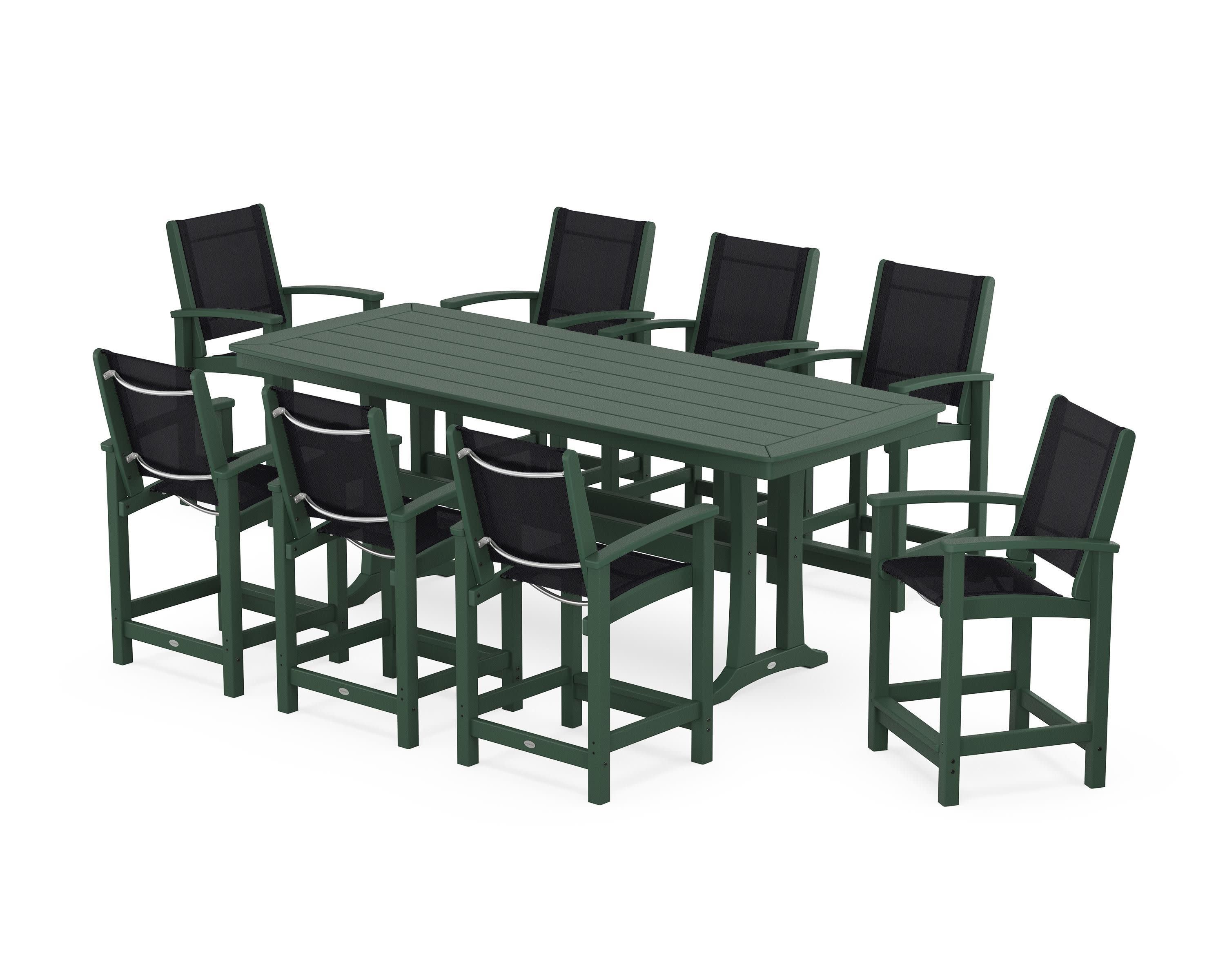 Coastal 9-Piece Counter Set with Trestle Legs in Green / Black Sling