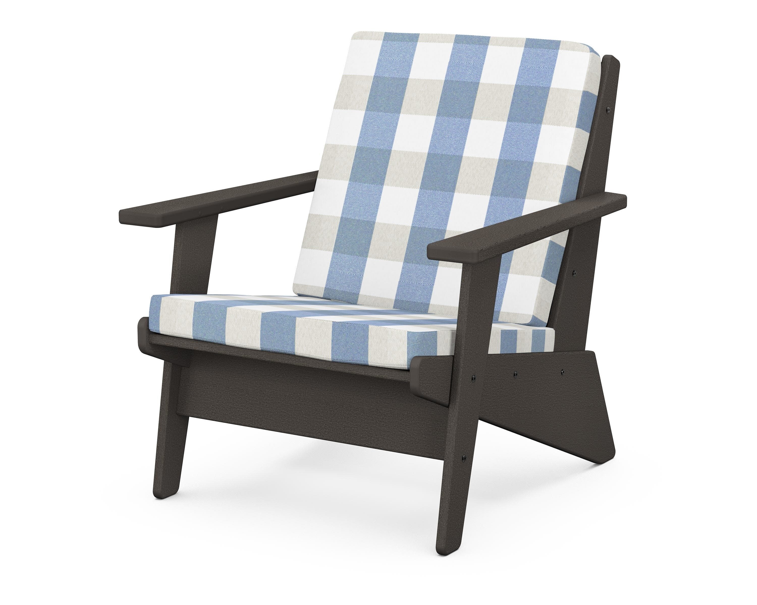Riviera Modern Lounge Chair in Vintage Coffee / Buffalo Plaid Sky Blue