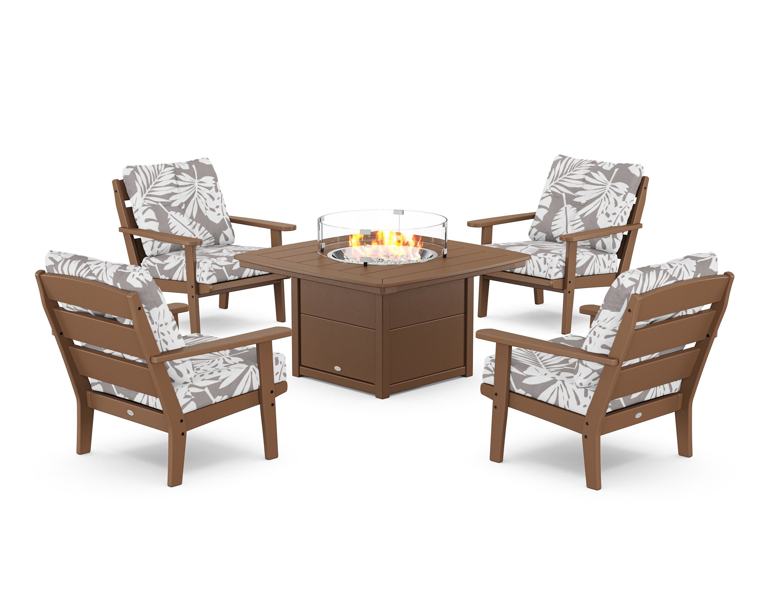 Lakeside 5-Piece Deep Seating Set with Nautical Fire Pit Table in Teak / Leaf Grey Mist
