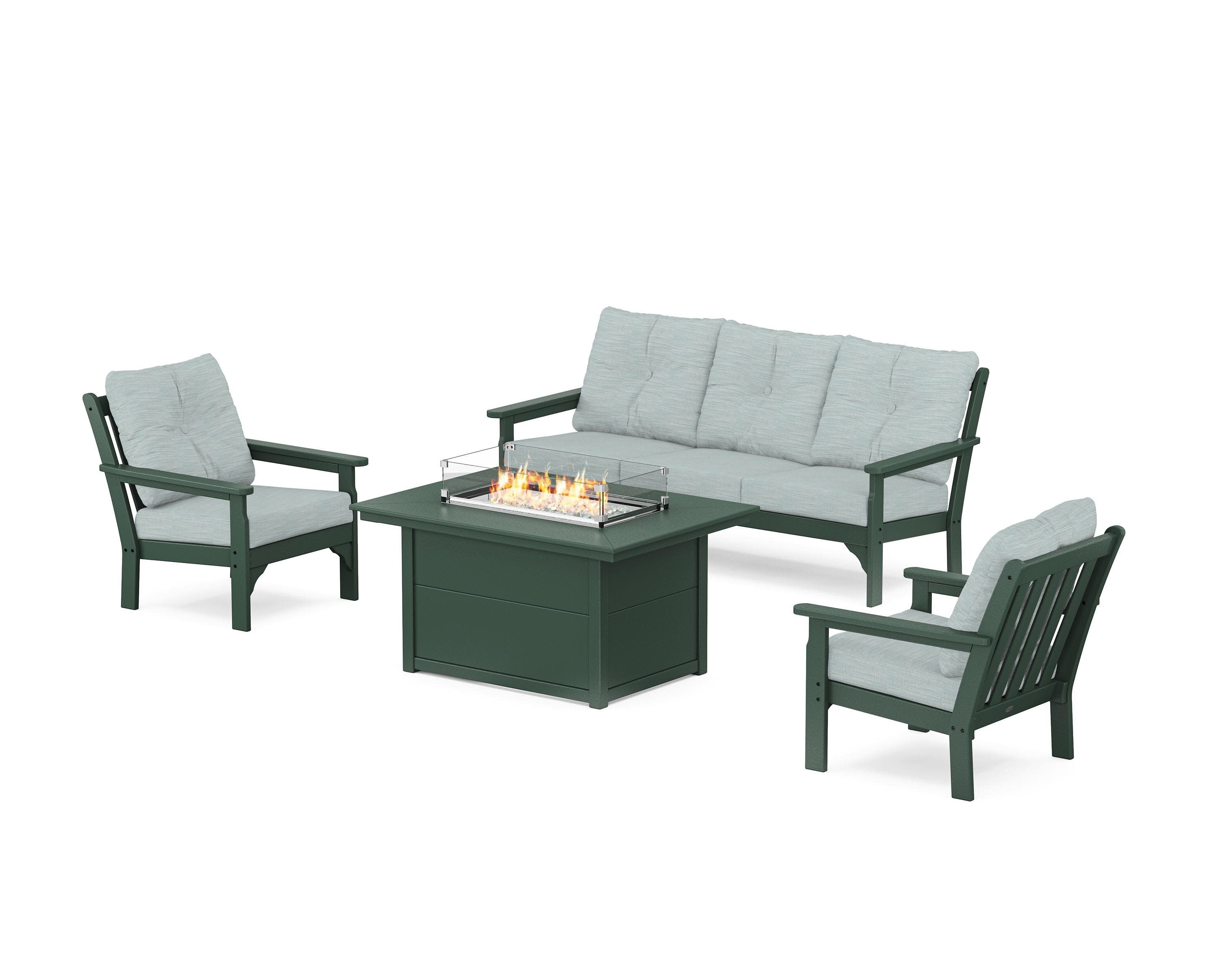 Vineyard Deep Seating Fire Pit Table Set in Green / Soothe Mist