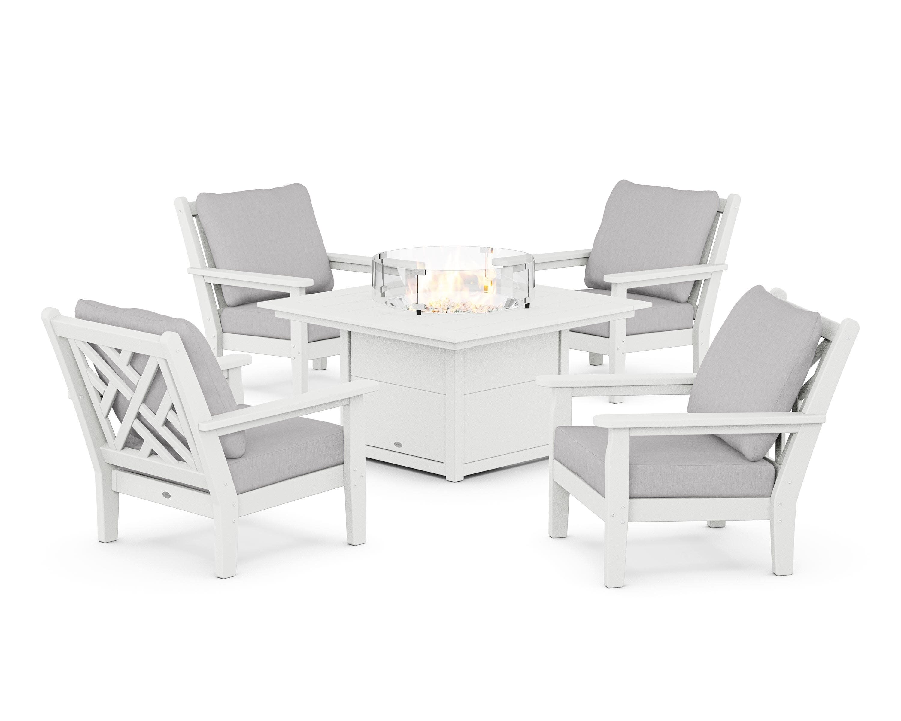 Chippendale 5-Piece Deep Seating Set with Fire Pit Table in White / Granite