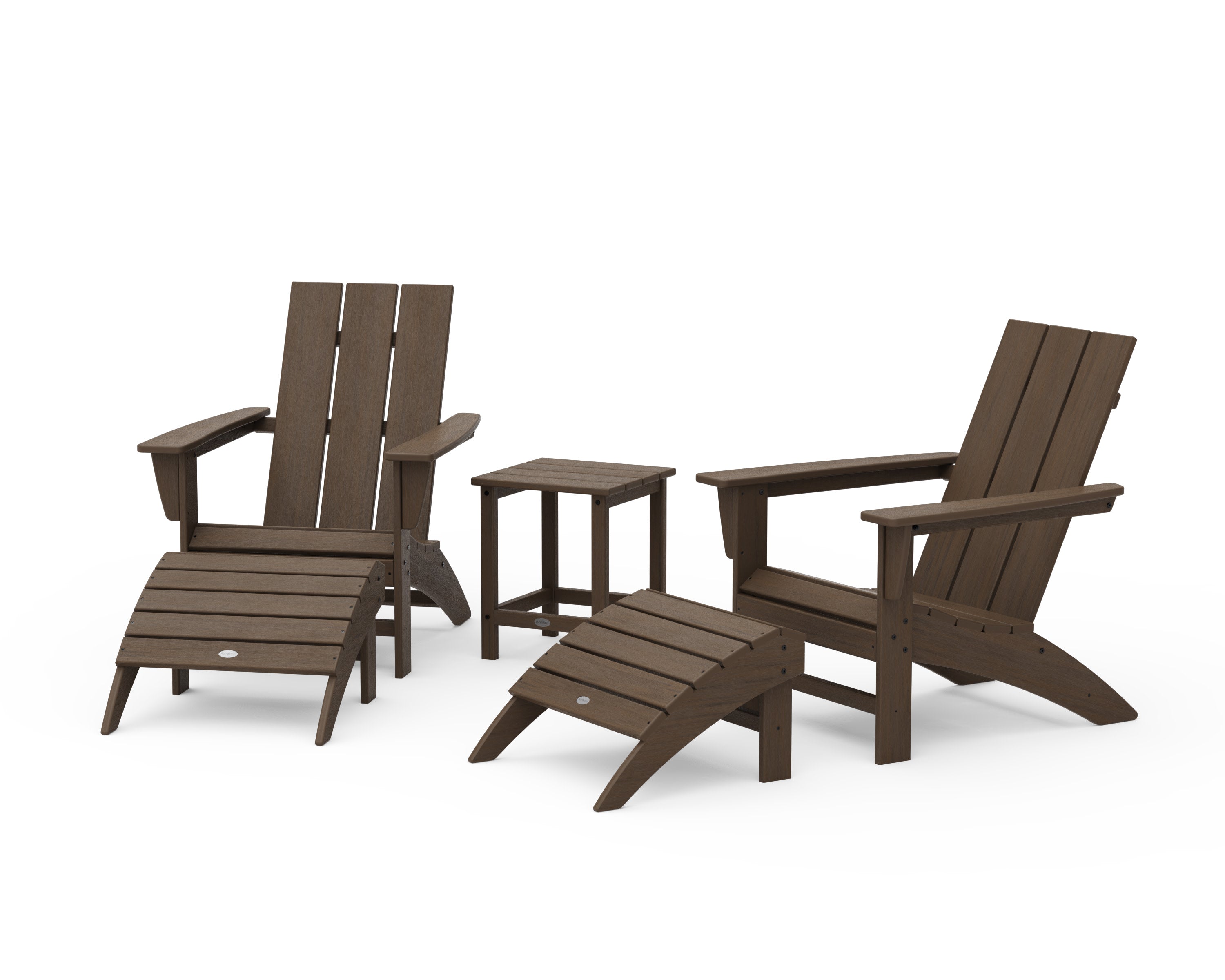 Modern Adirondack Chair 5-Piece Set with Ottomans and 18" Side Table in Kona