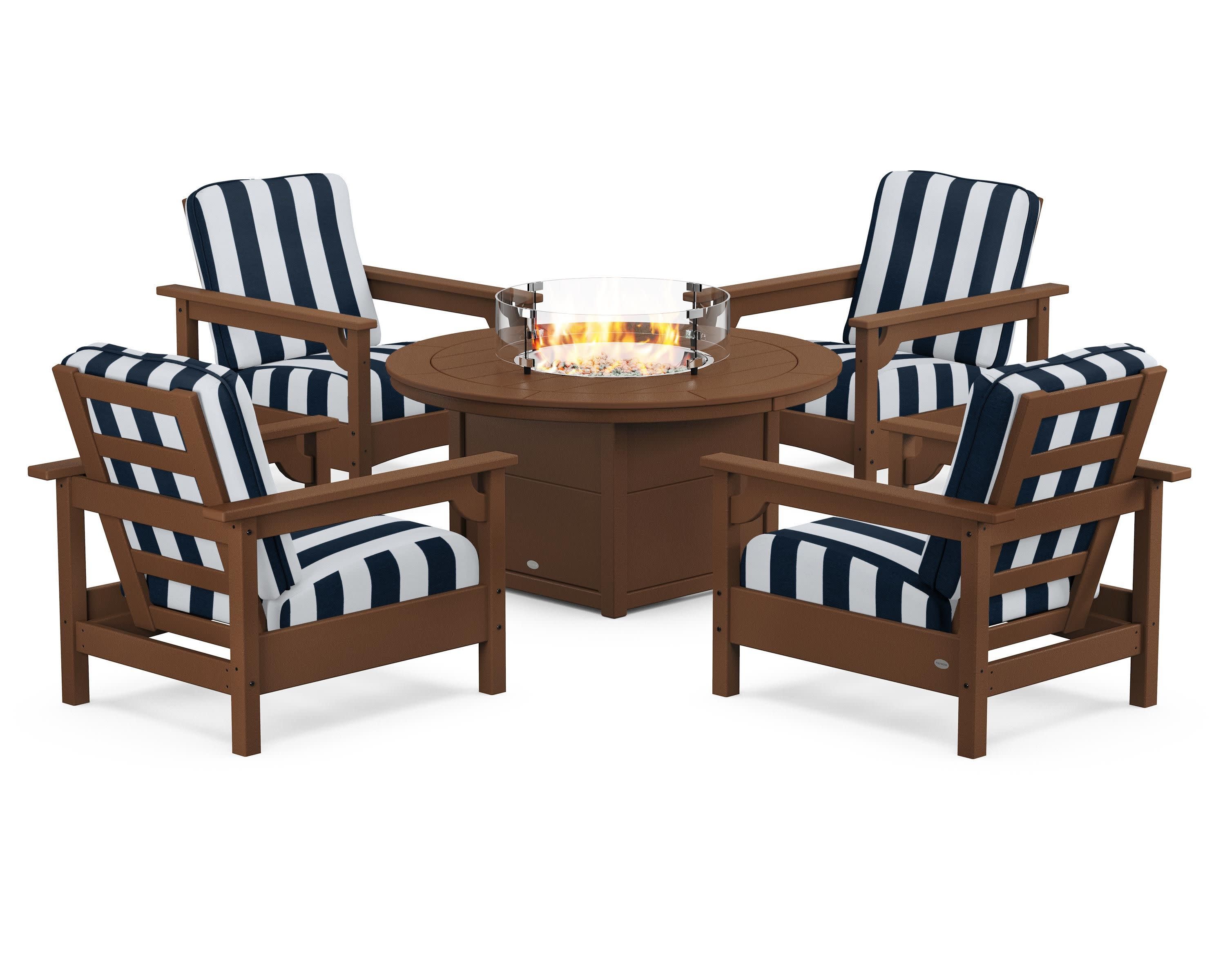 Club 5-Piece Conversation Set with Fire Pit Table in Teak / Cabana Stripe Marine Indigo