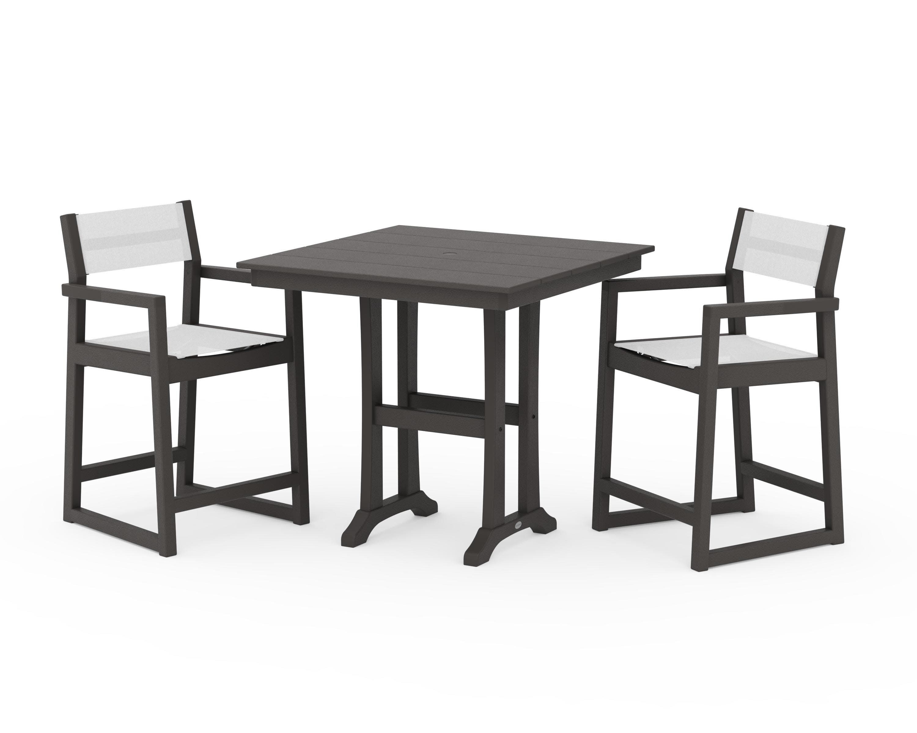 EDGE Sling Arm Chair 3-Piece Farmhouse Counter Set with Trestle Legs in Vintage Coffee / White Sling