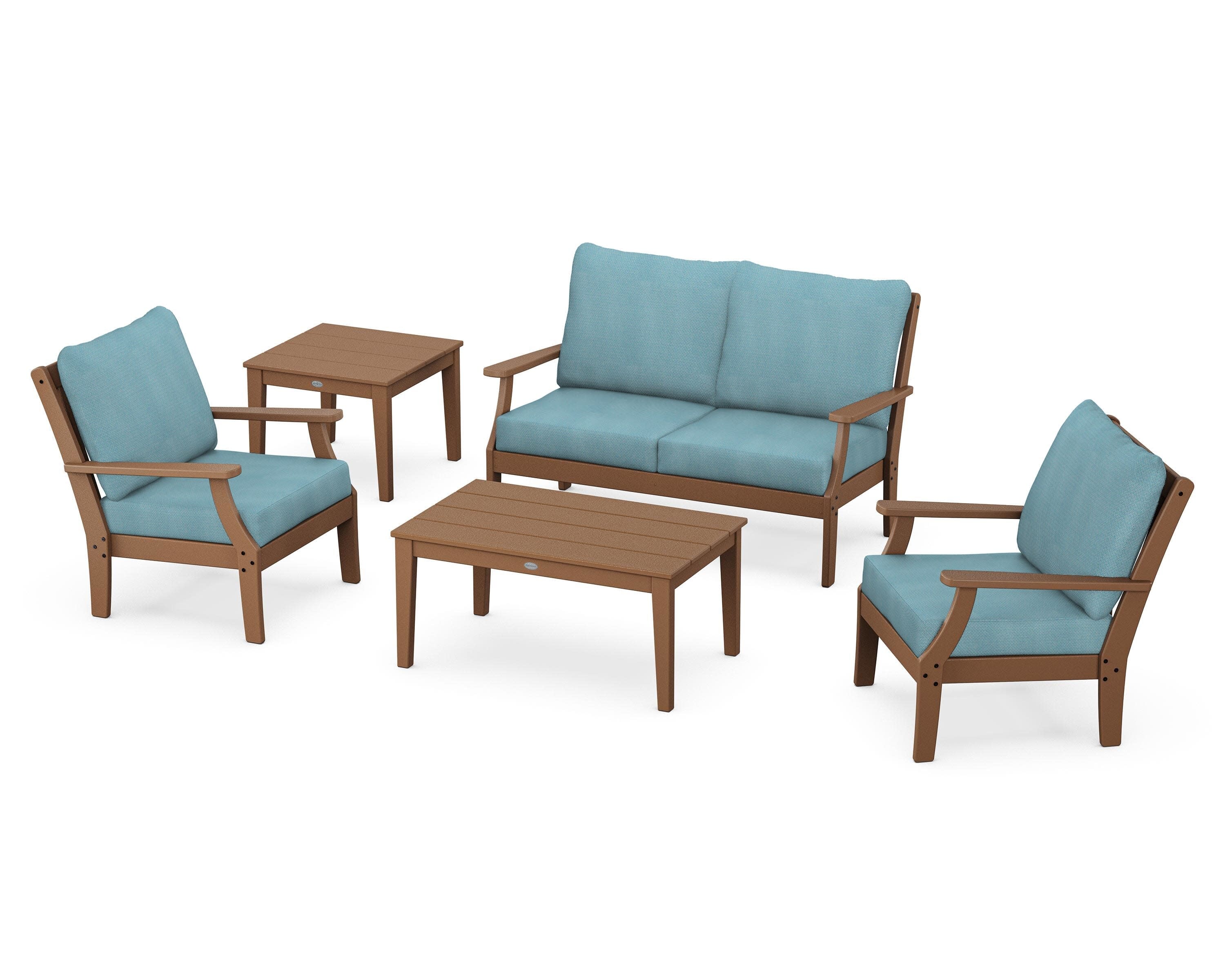 Braxton 5-Piece Deep Seating Set in Teak / Lattice Sky Blue