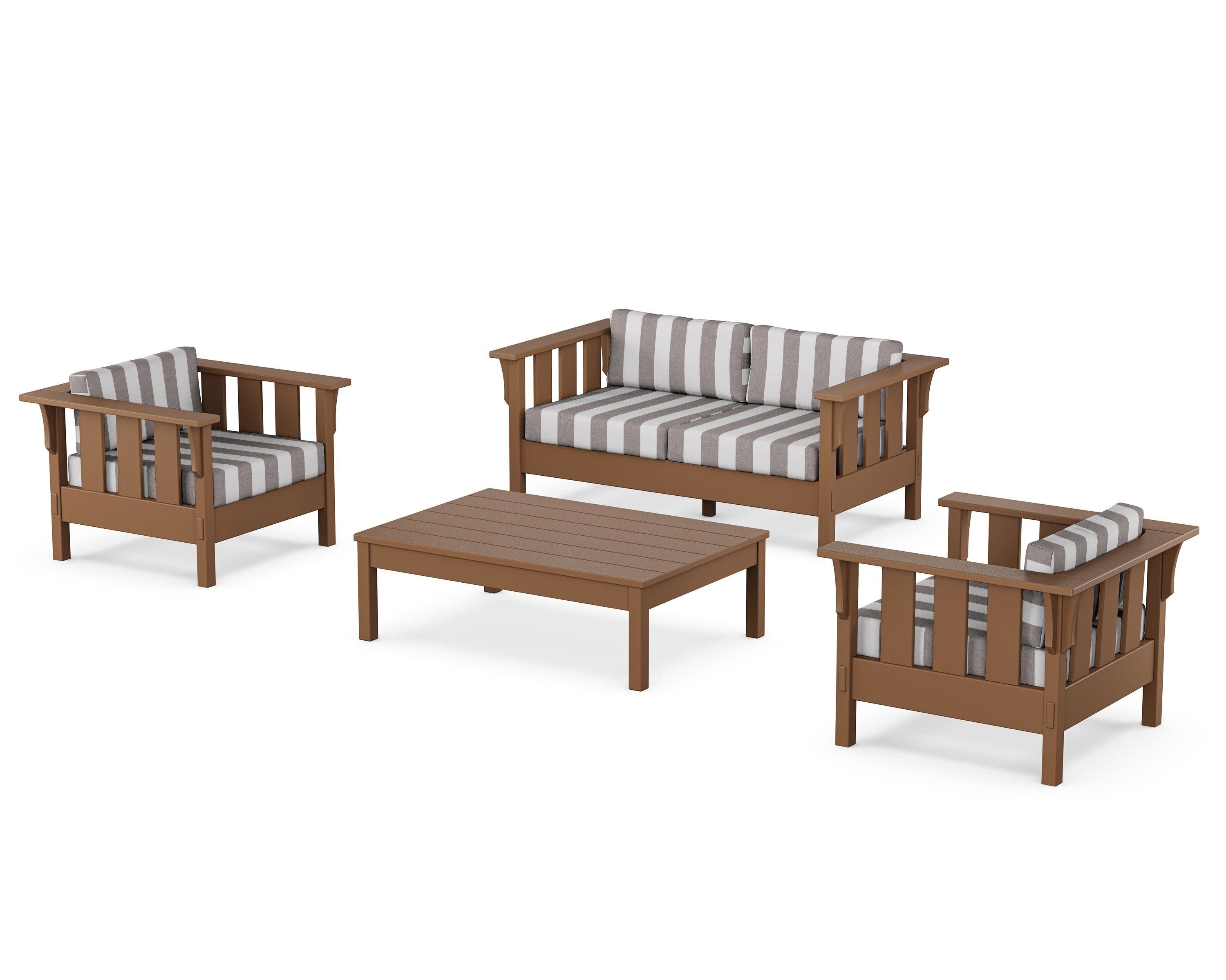 Acadia 4-Piece Deep Seating Set with Loveseat in Teak / Cabana Stripe Grey Mist
