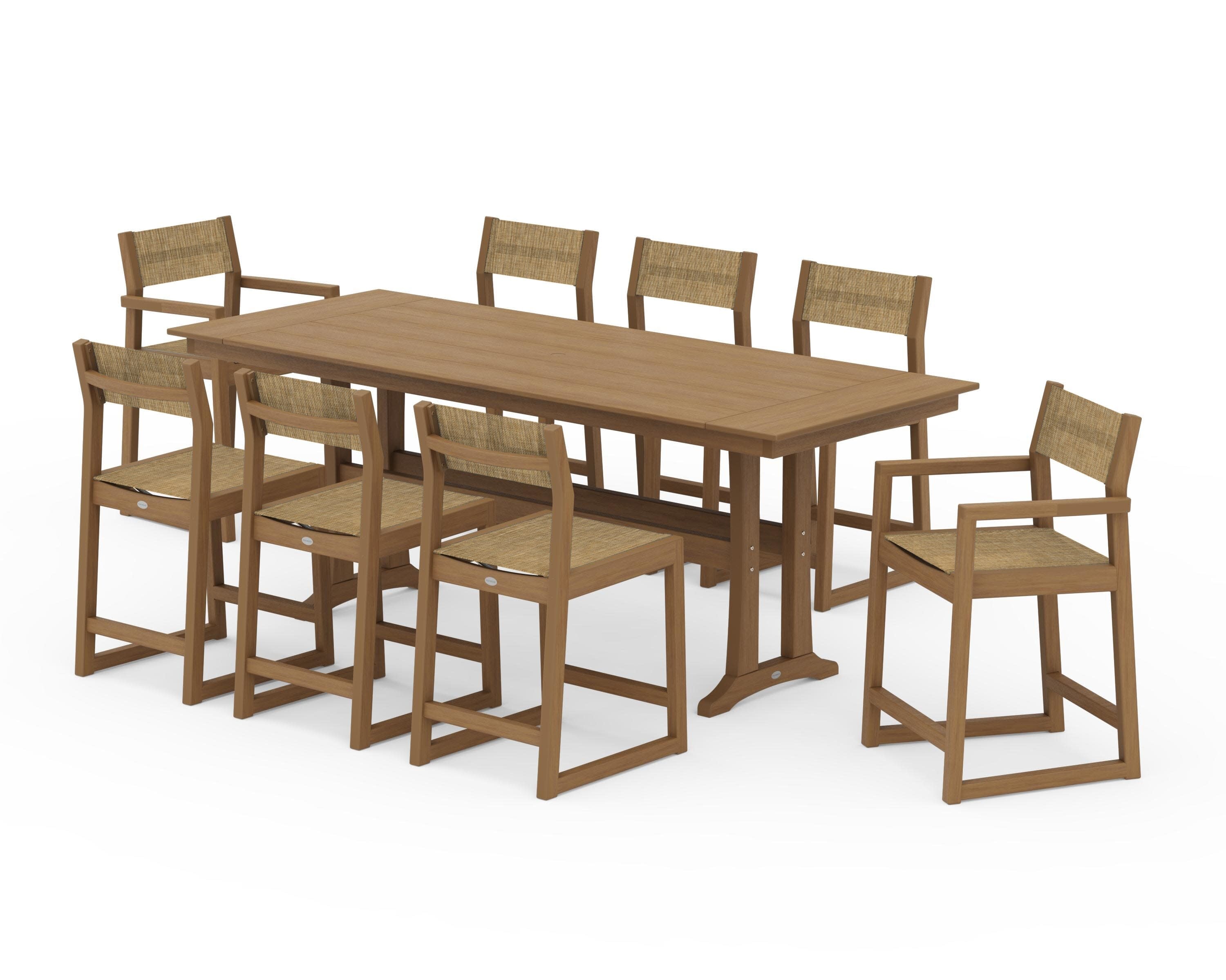 EDGE Sling 9-Piece Farmhouse Counter Set with Trestle Legs in Natural / Burlap Sling