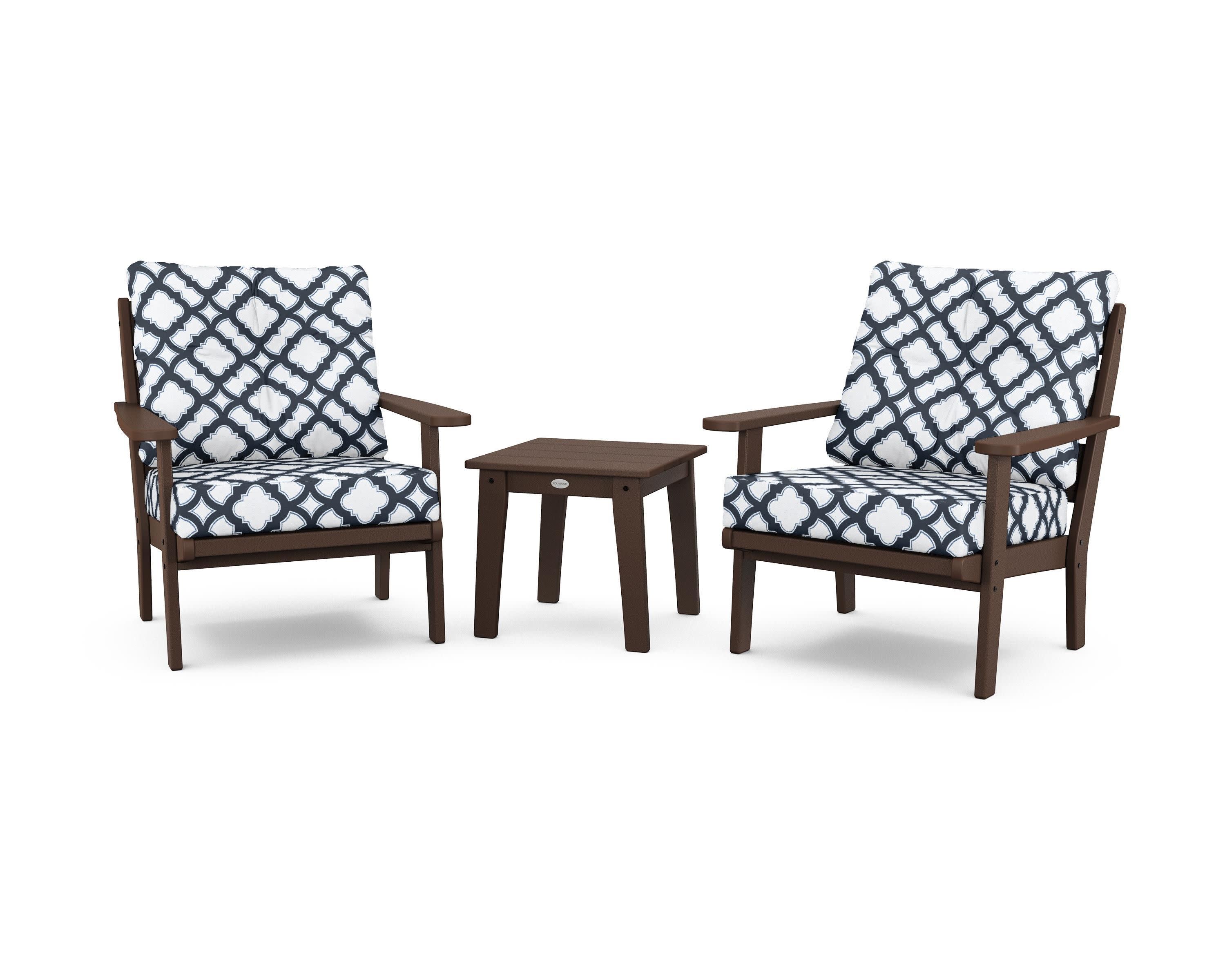 Lakeside 3-Piece Deep Seating Chair Set in Mahogany / Trellis Marine Indigo