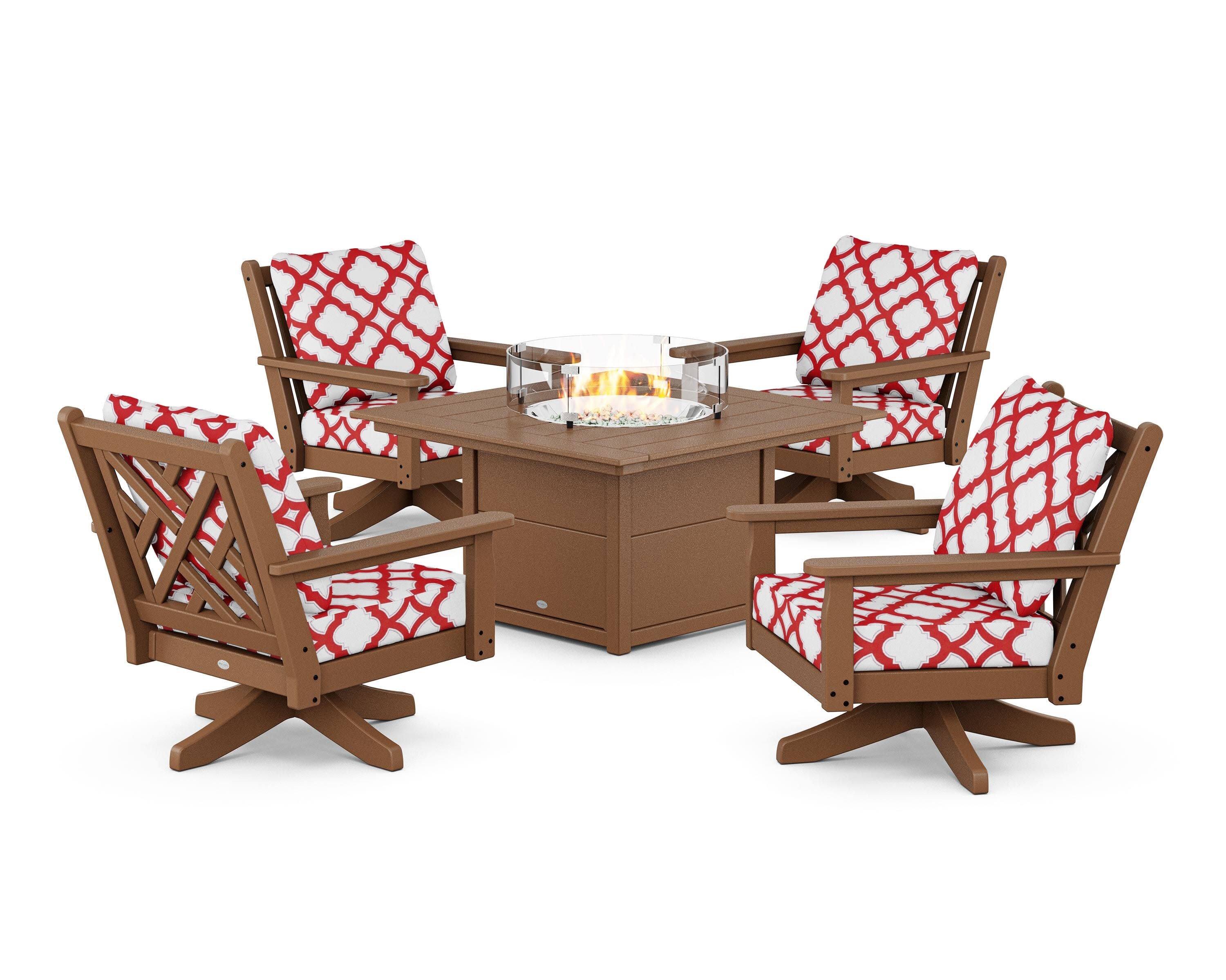 Chippendale 5-Piece Deep Seating Swivel Conversation Set with Fire Pit Table in Teak / Trellis Crimson