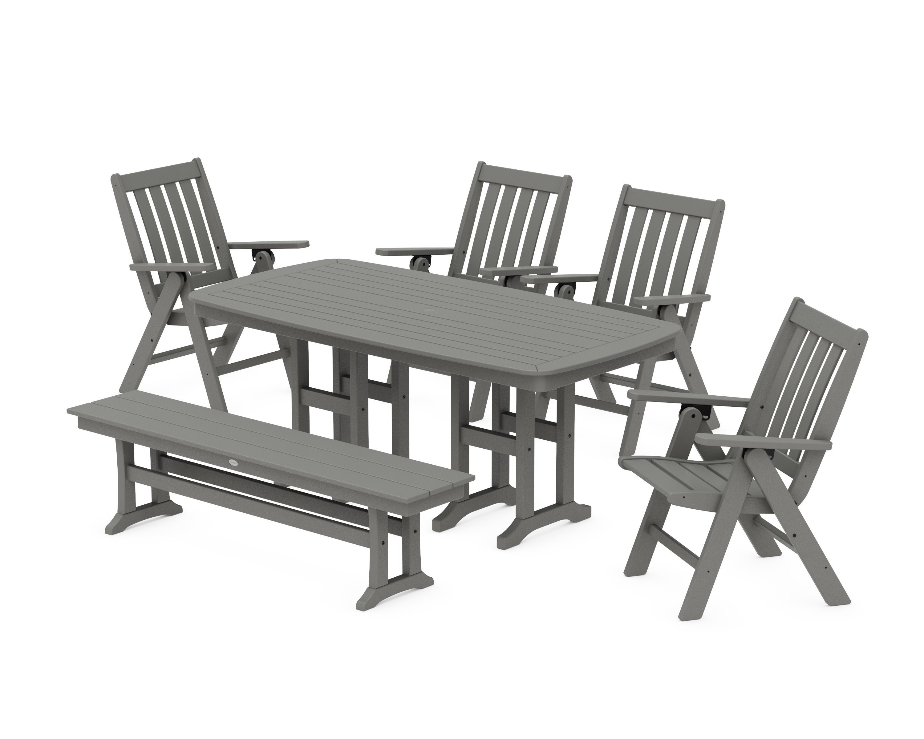 Vineyard Folding Chair 6-Piece Dining Set with Bench in Slate Grey