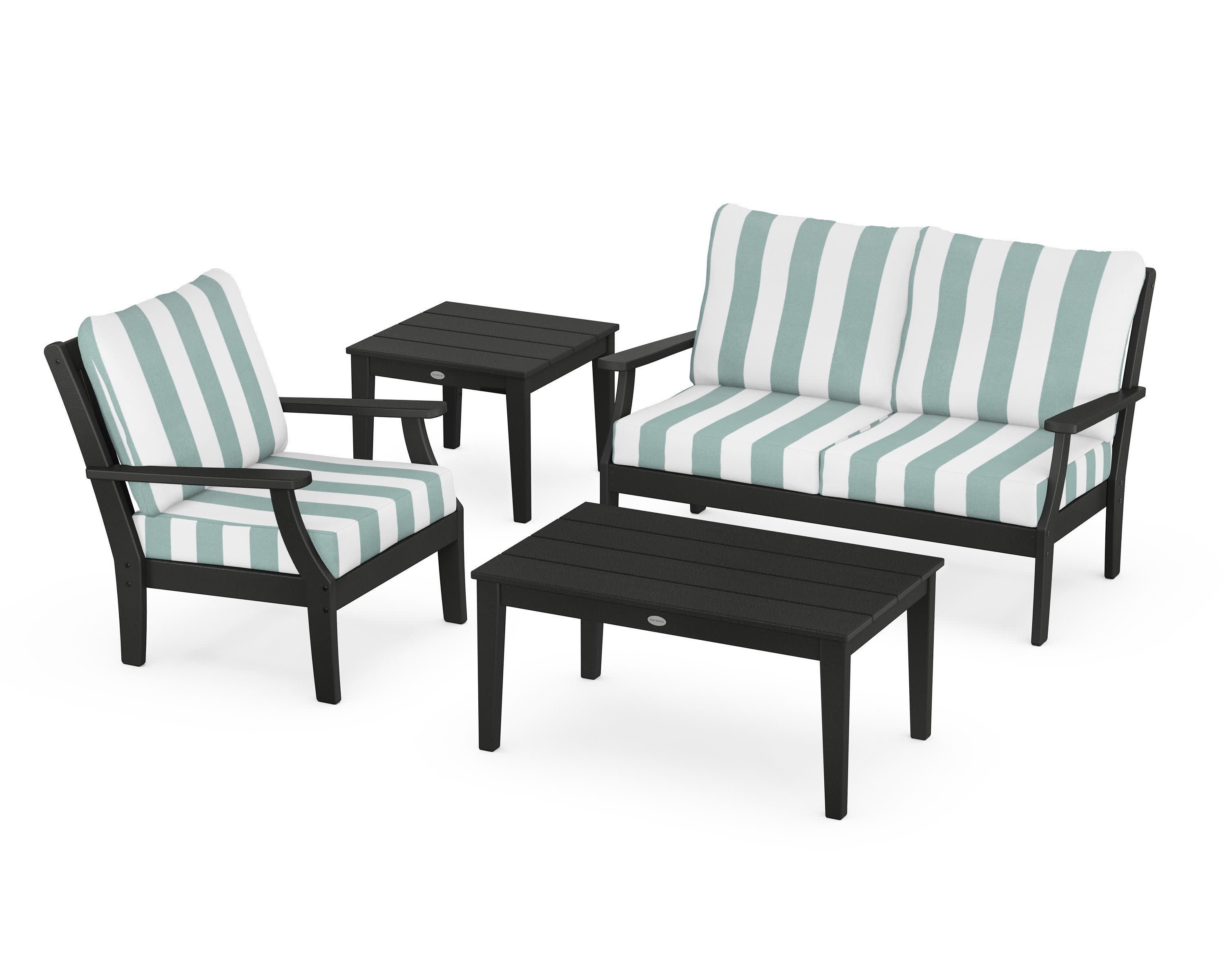 Braxton 4-Piece Deep Seating Set in Black / Cabana Stripe Glacier Spa