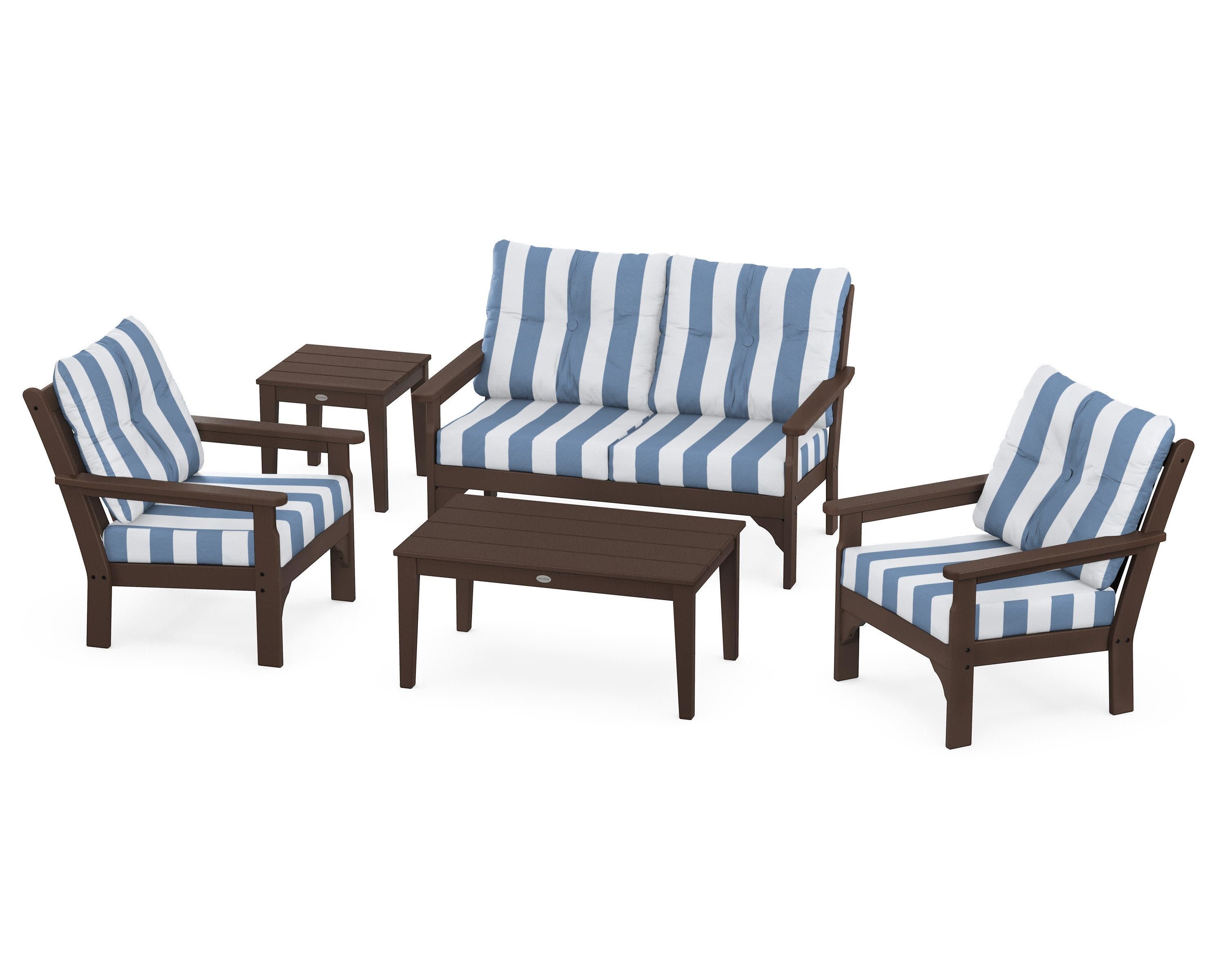 Vineyard 5-Piece Deep Seating Set in Mahogany / Cabana Stripe Sky Blue
