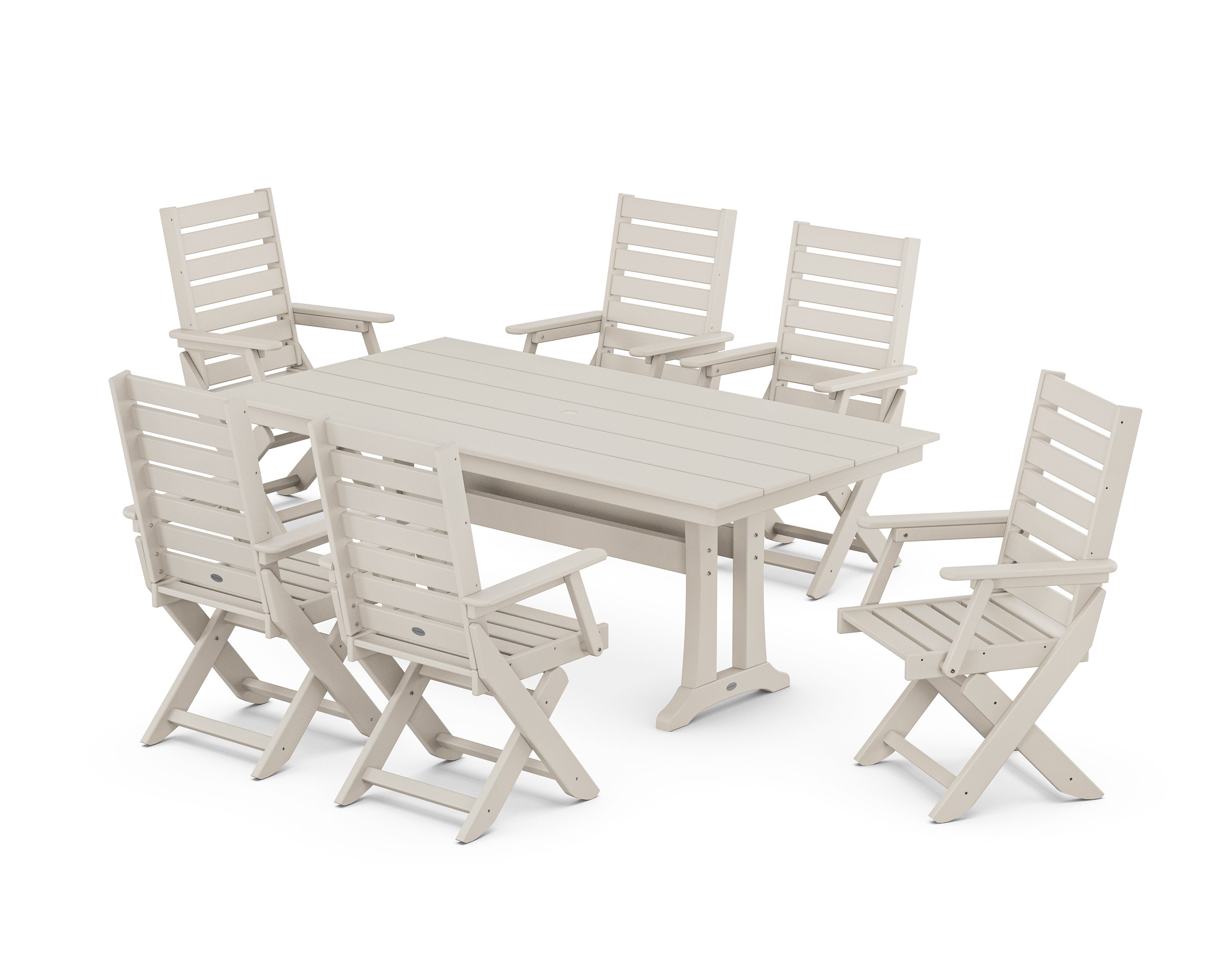 Captain Folding Chair 7-Piece Farmhouse Dining Set with Trestle Legs in Sand