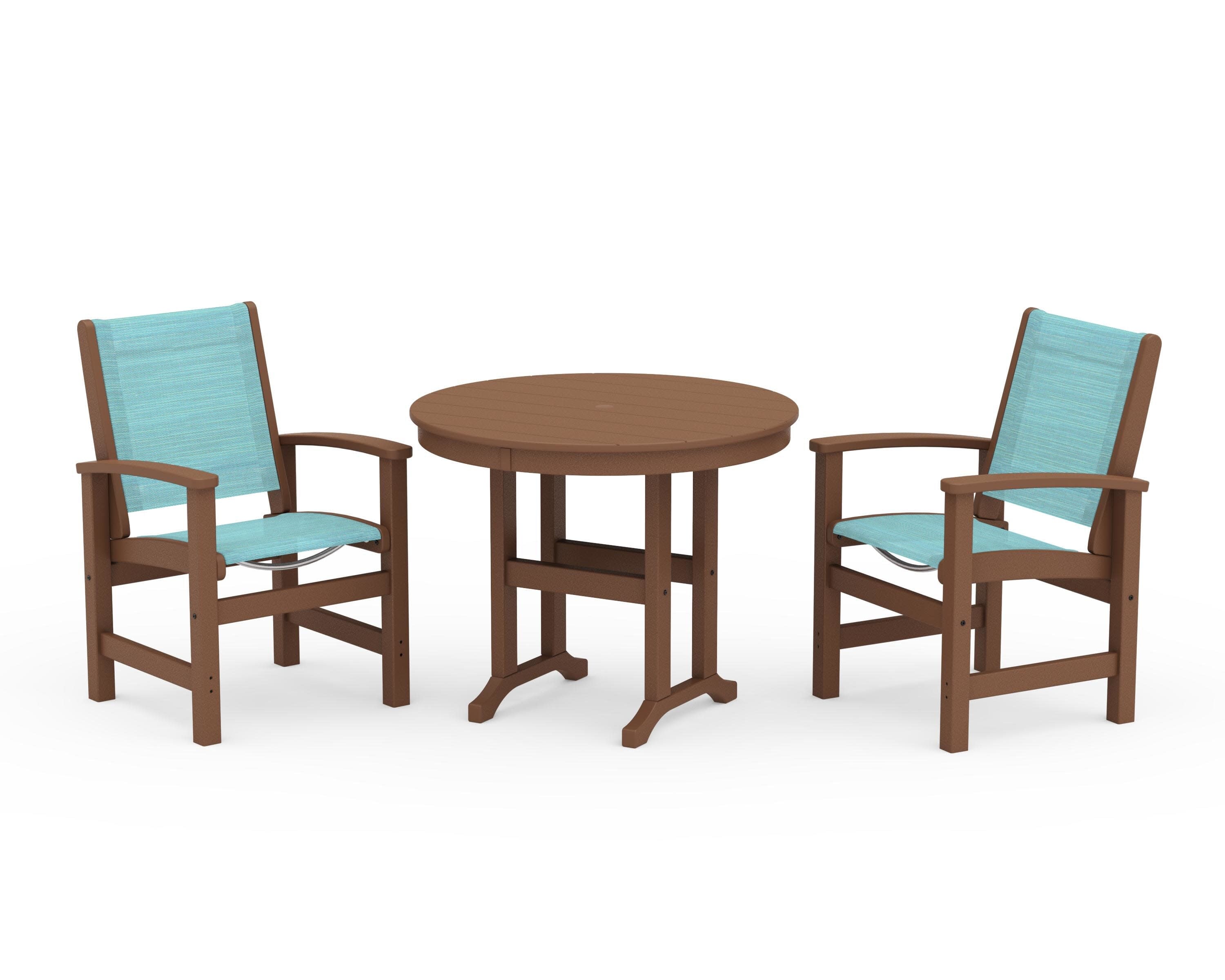 Coastal 3-Piece Round Dining Set in Teak / Dupioni Aquamarine Sling