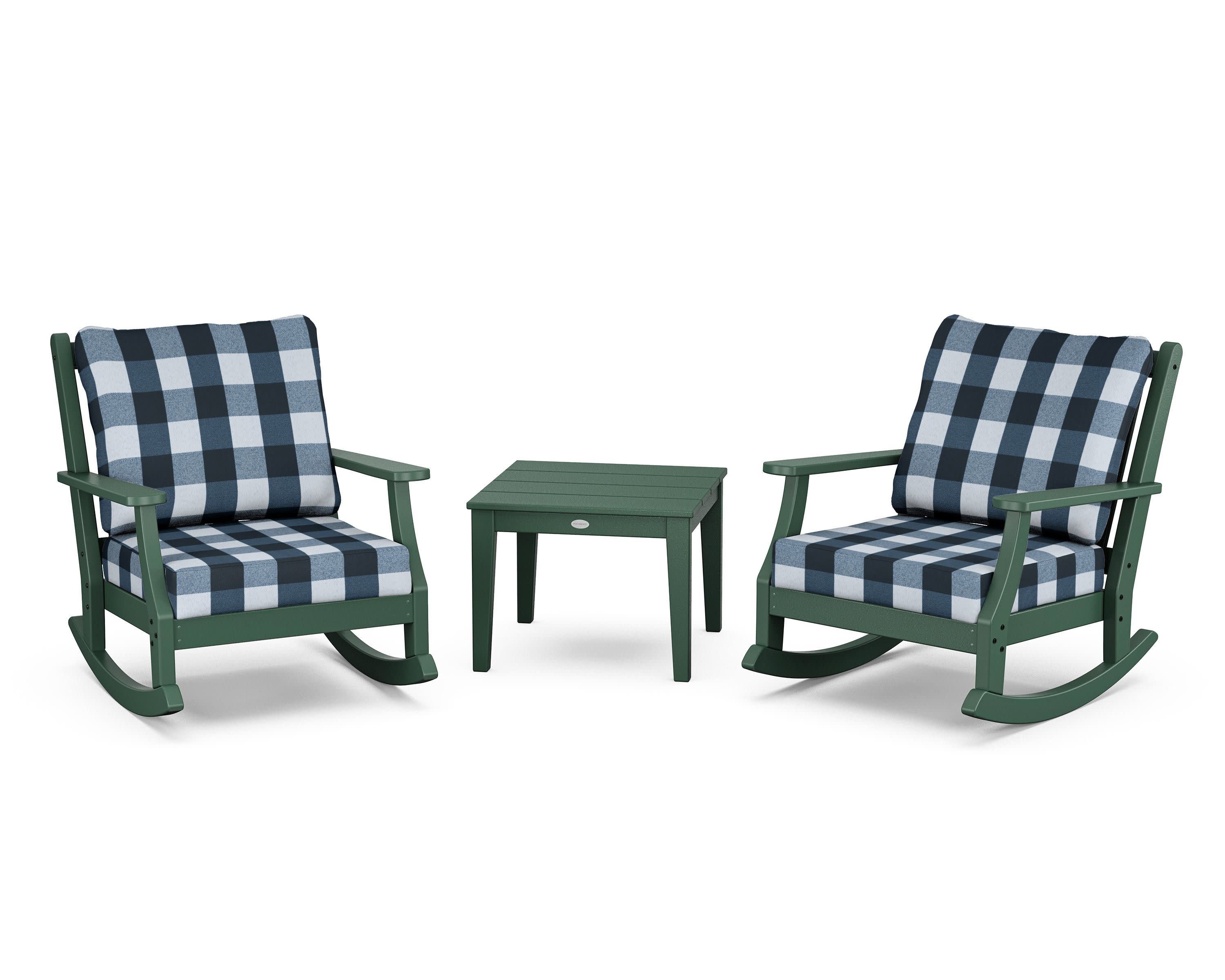 Wovendale 3-Piece Deep Seating Rocker Set in Green / Buffalo Plaid Marine Indigo